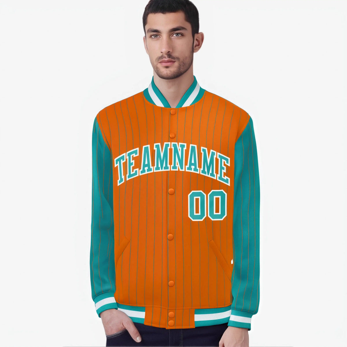 Custom Orange Aqua-Orange Personalized Stripe Fashion Letterman Bomber Varsity Jacket