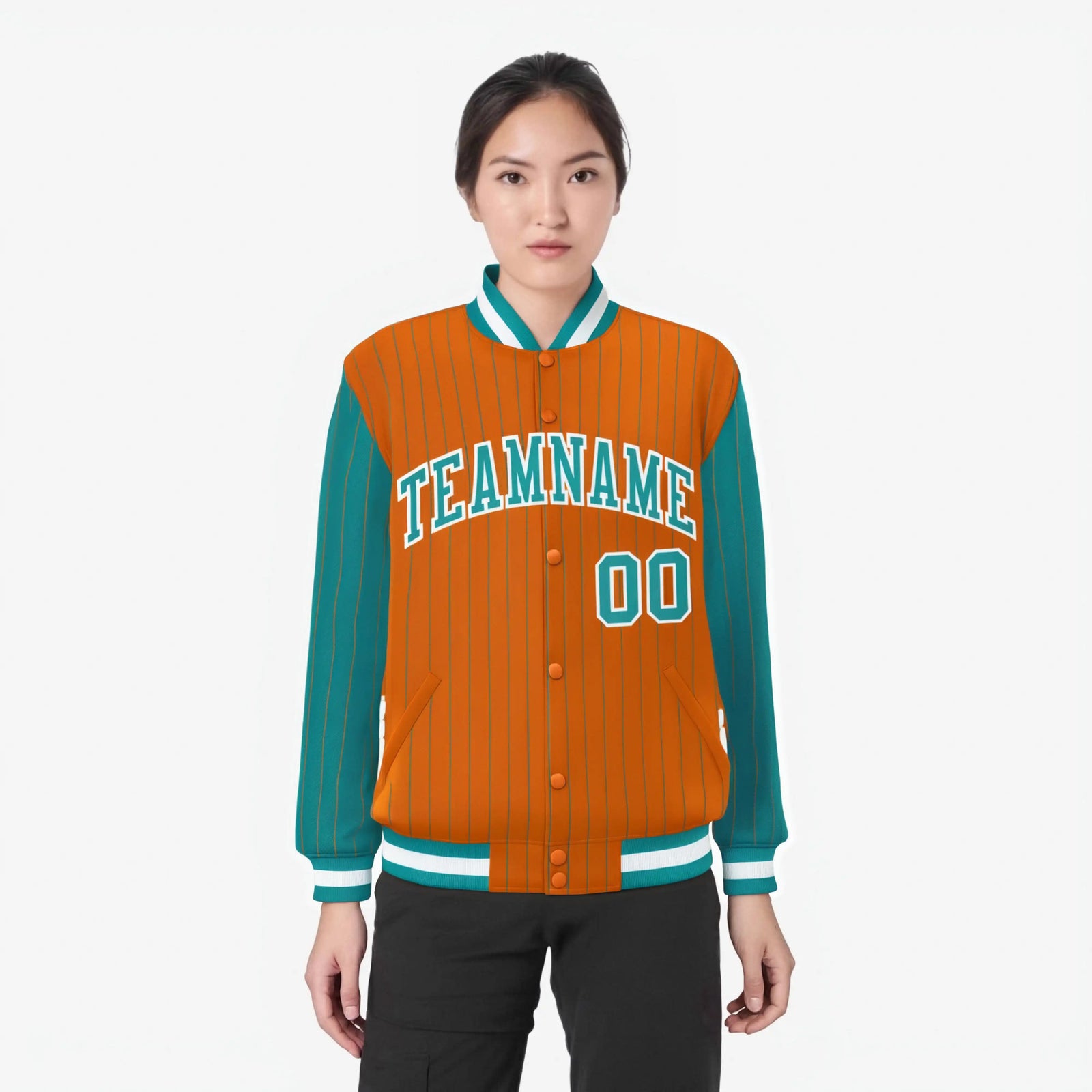 Custom Orange Aqua-Orange Personalized Stripe Fashion Letterman Bomber Varsity Jacket