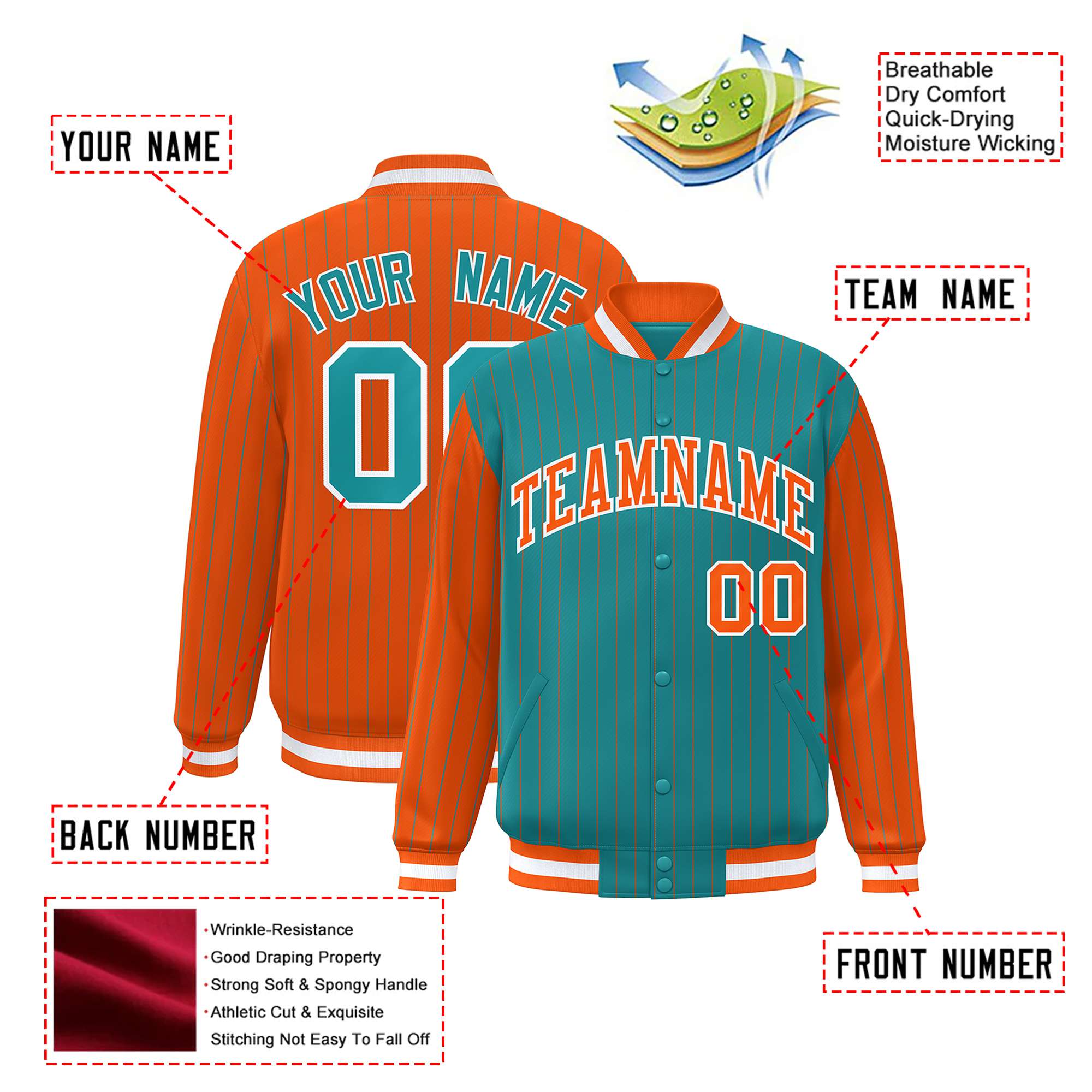 Custom Aqua Orange-Aqua Personalized Stripe Fashion Letterman Bomber Varsity Jacket