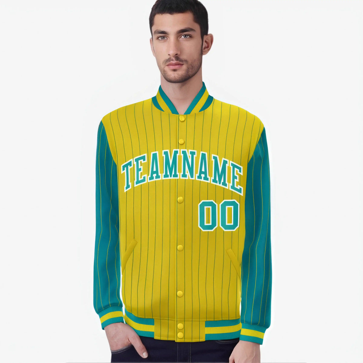Custom Gold Aqua-Gold Personalized Stripe Fashion Letterman Bomber Varsity Jacket