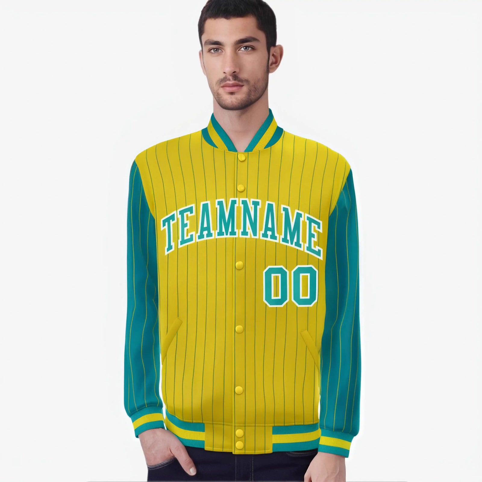 Custom Gold Aqua-Gold Personalized Stripe Fashion Letterman Bomber Varsity Jacket