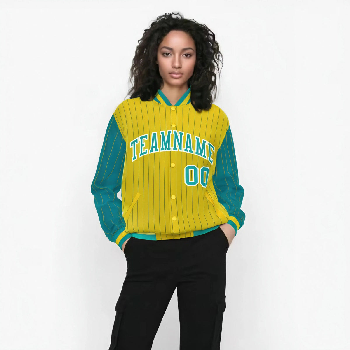 Custom Gold Aqua-Gold Personalized Stripe Fashion Letterman Bomber Varsity Jacket