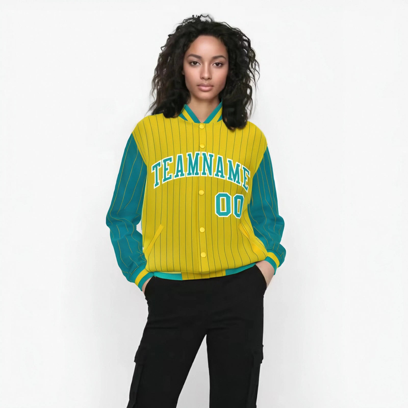 Custom Gold Aqua-Gold Personalized Stripe Fashion Letterman Bomber Varsity Jacket