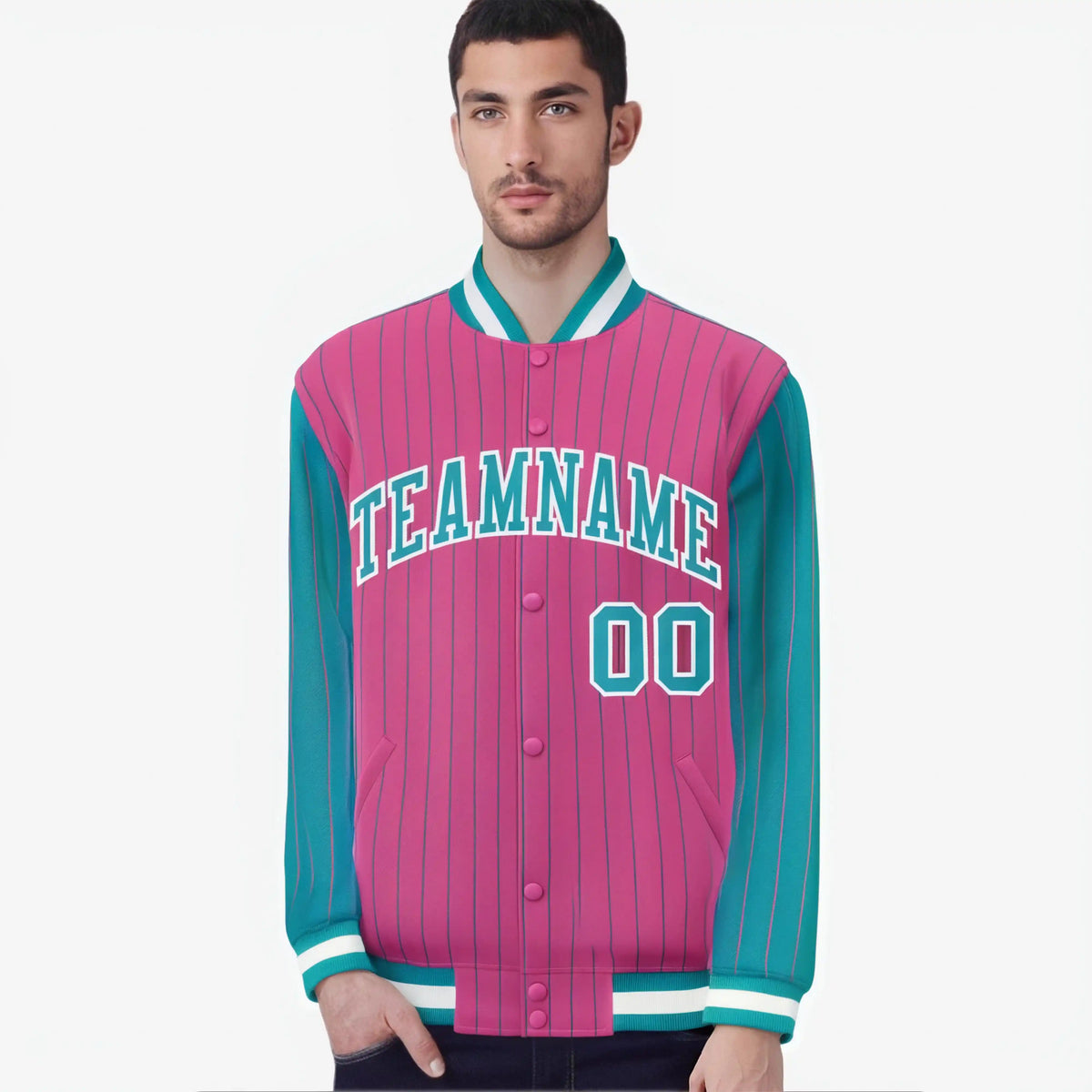 Custom Pink Aqua-Pink Personalized Stripe Fashion Letterman Bomber Varsity Jacket