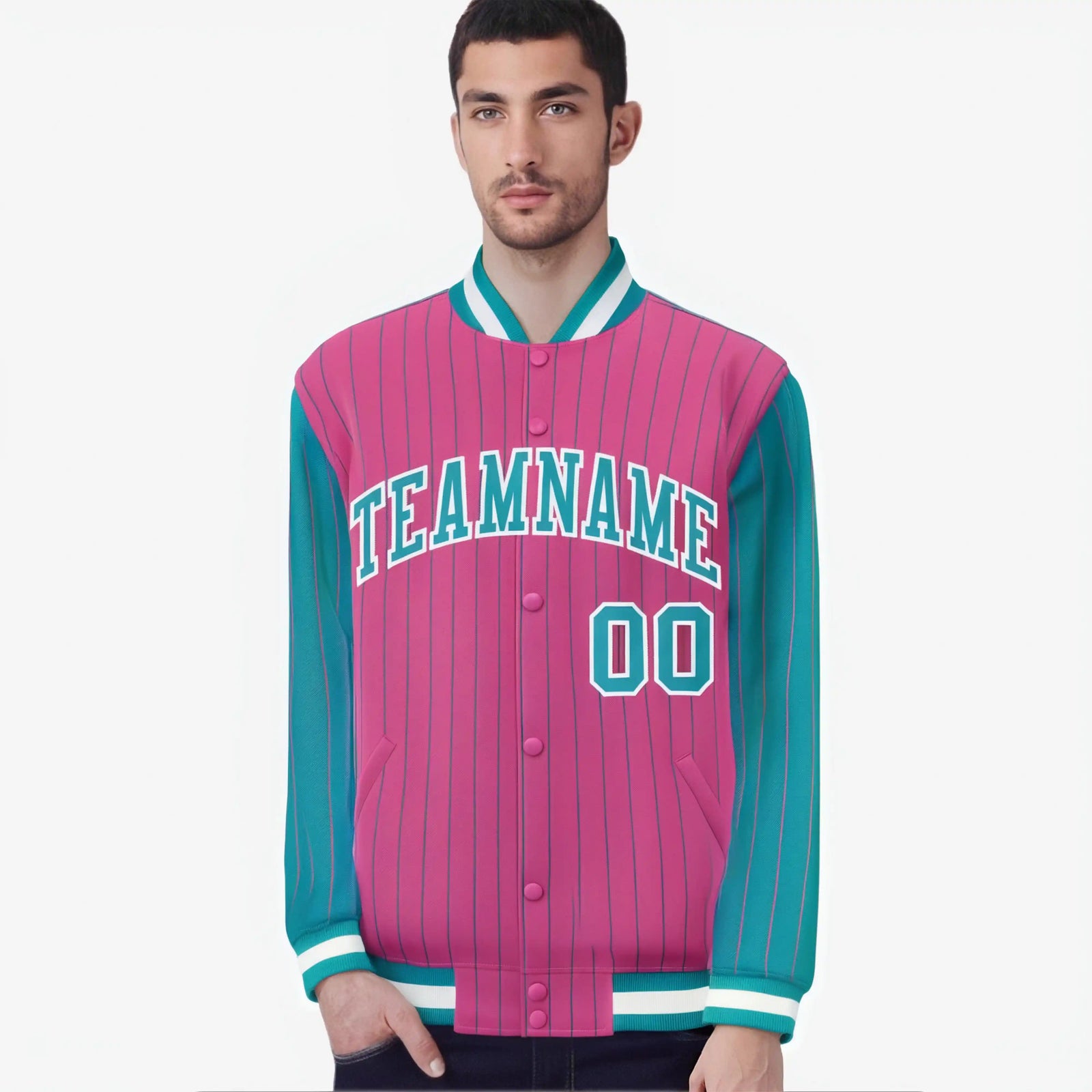 Custom Pink Aqua-Pink Personalized Stripe Fashion Letterman Bomber Varsity Jacket