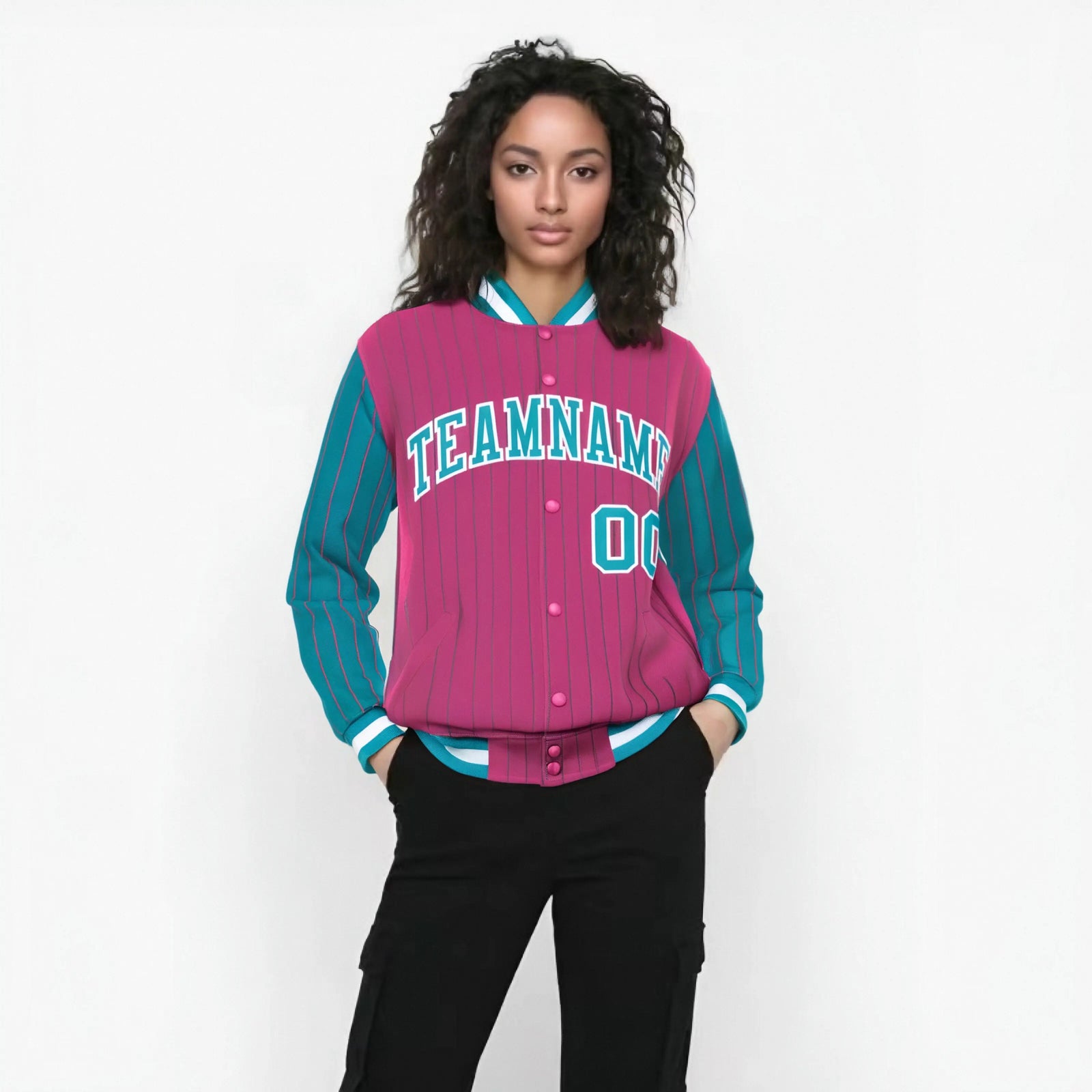 Custom Pink Aqua-Pink Personalized Stripe Fashion Letterman Bomber Varsity Jacket