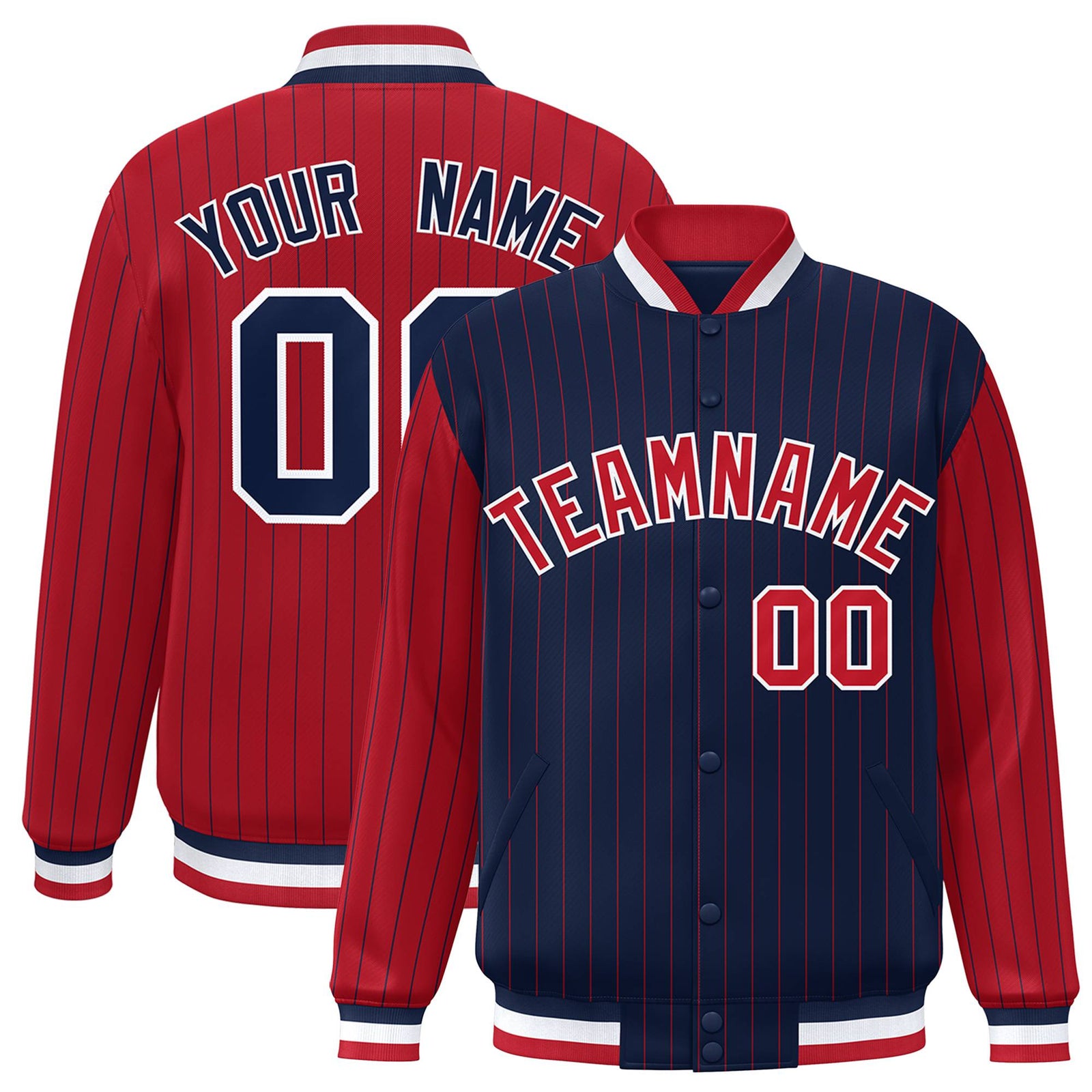 Custom Navy Red-Navy Personalized Stripe Fashion Letterman Bomber Varsity Jacket