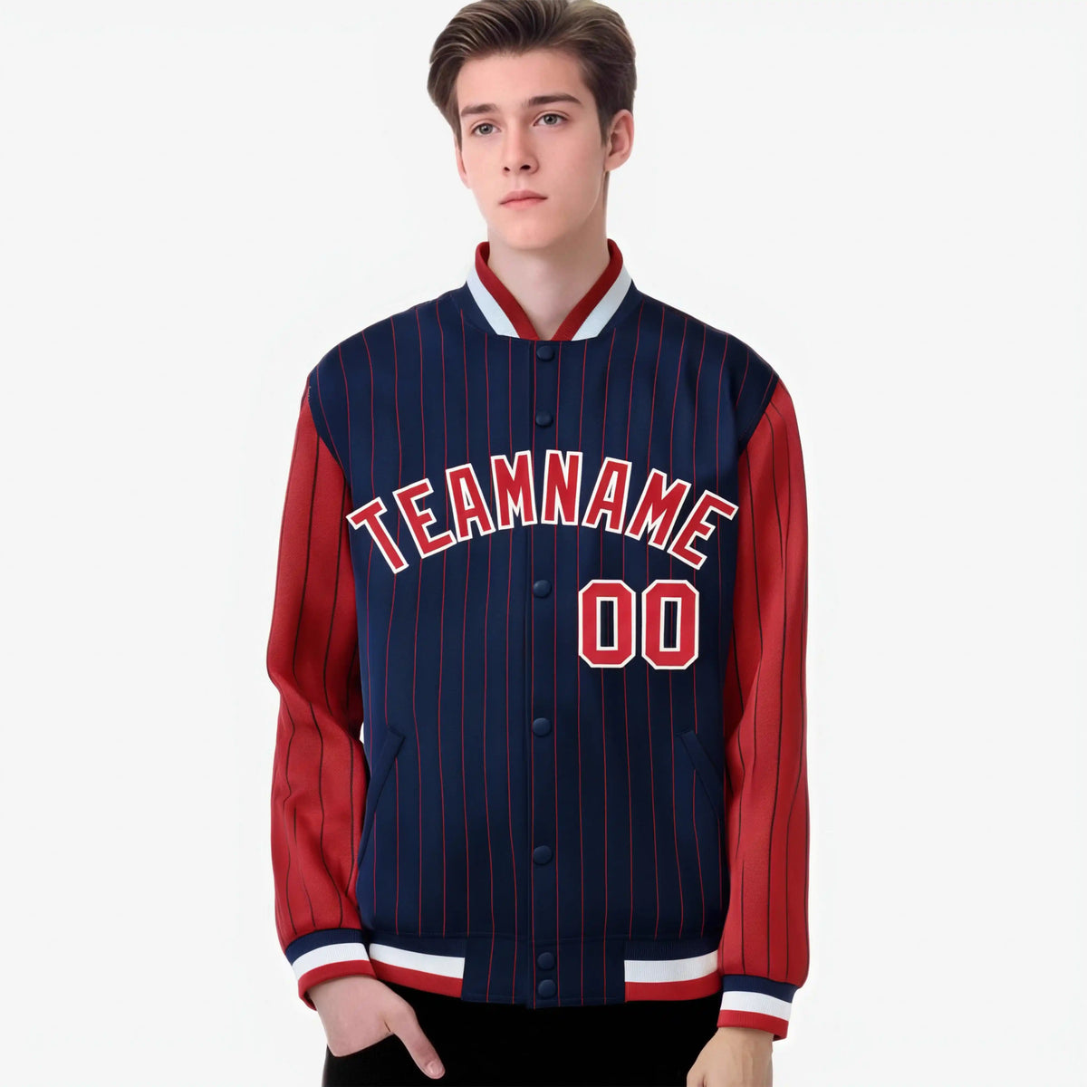 Custom Navy Red-Navy Personalized Stripe Fashion Letterman Bomber Varsity Jacket