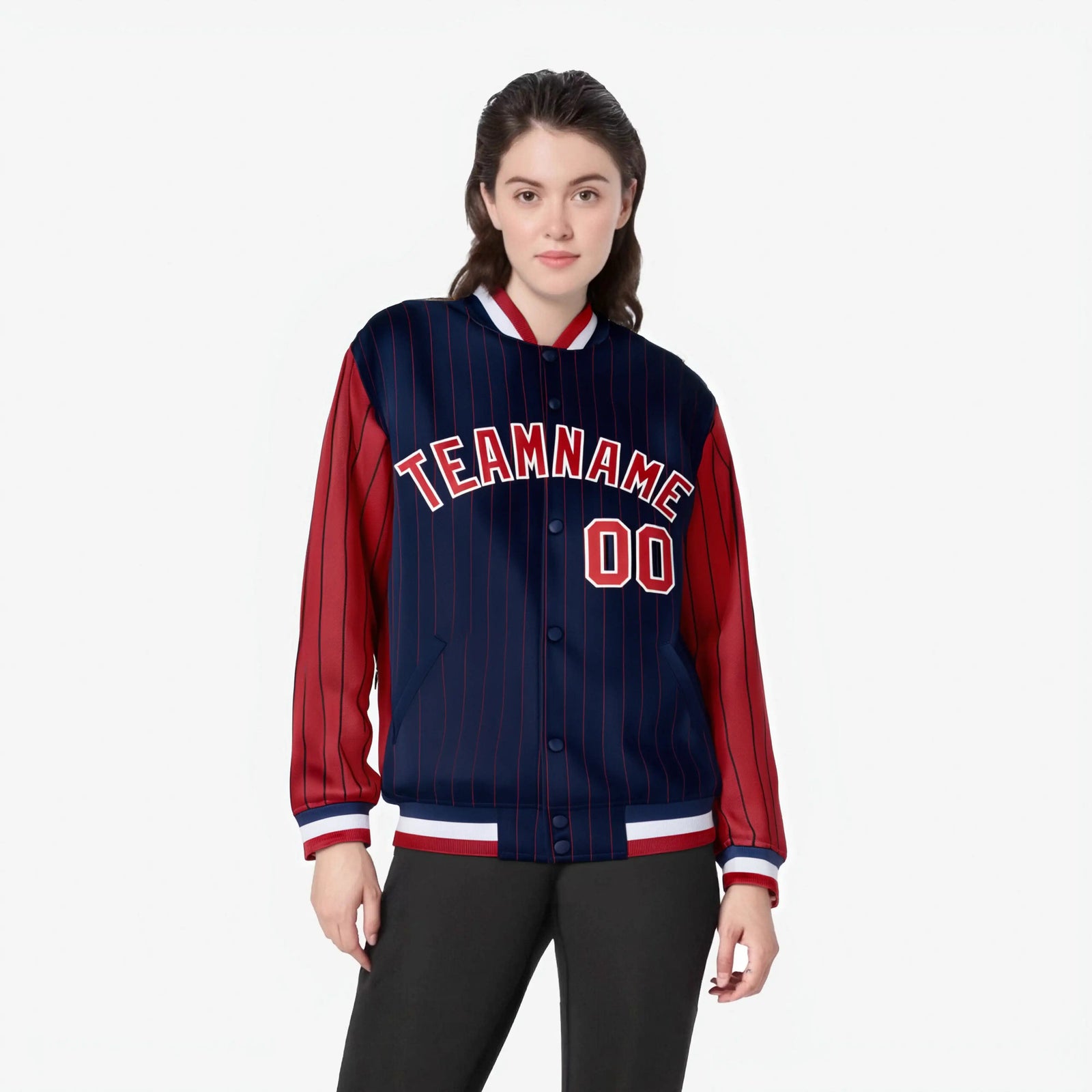 Custom Navy Red-Navy Personalized Stripe Fashion Letterman Bomber Varsity Jacket