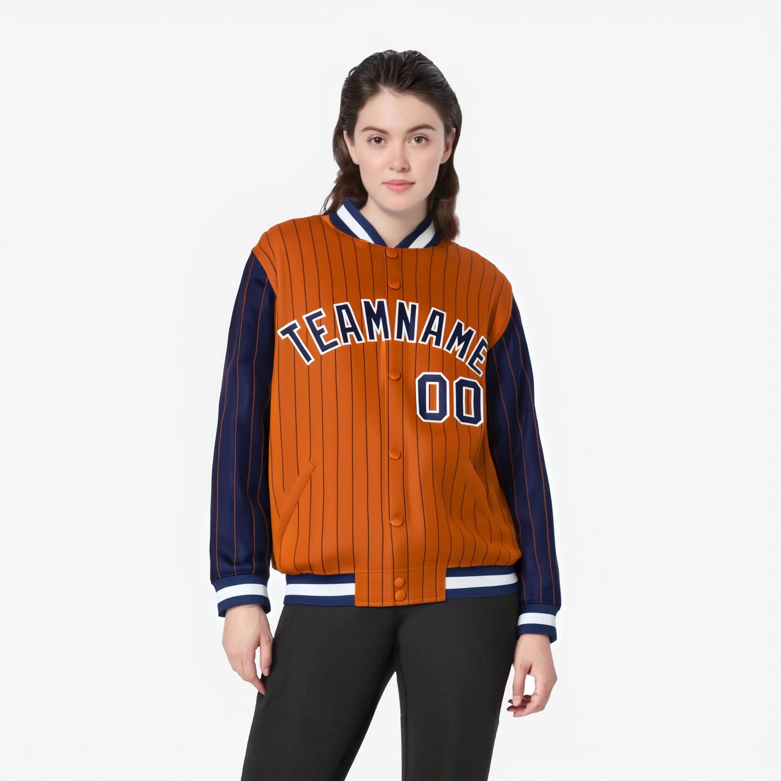 Custom Orange Navy-Orange Personalized Stripe Fashion Letterman Bomber Varsity Jacket
