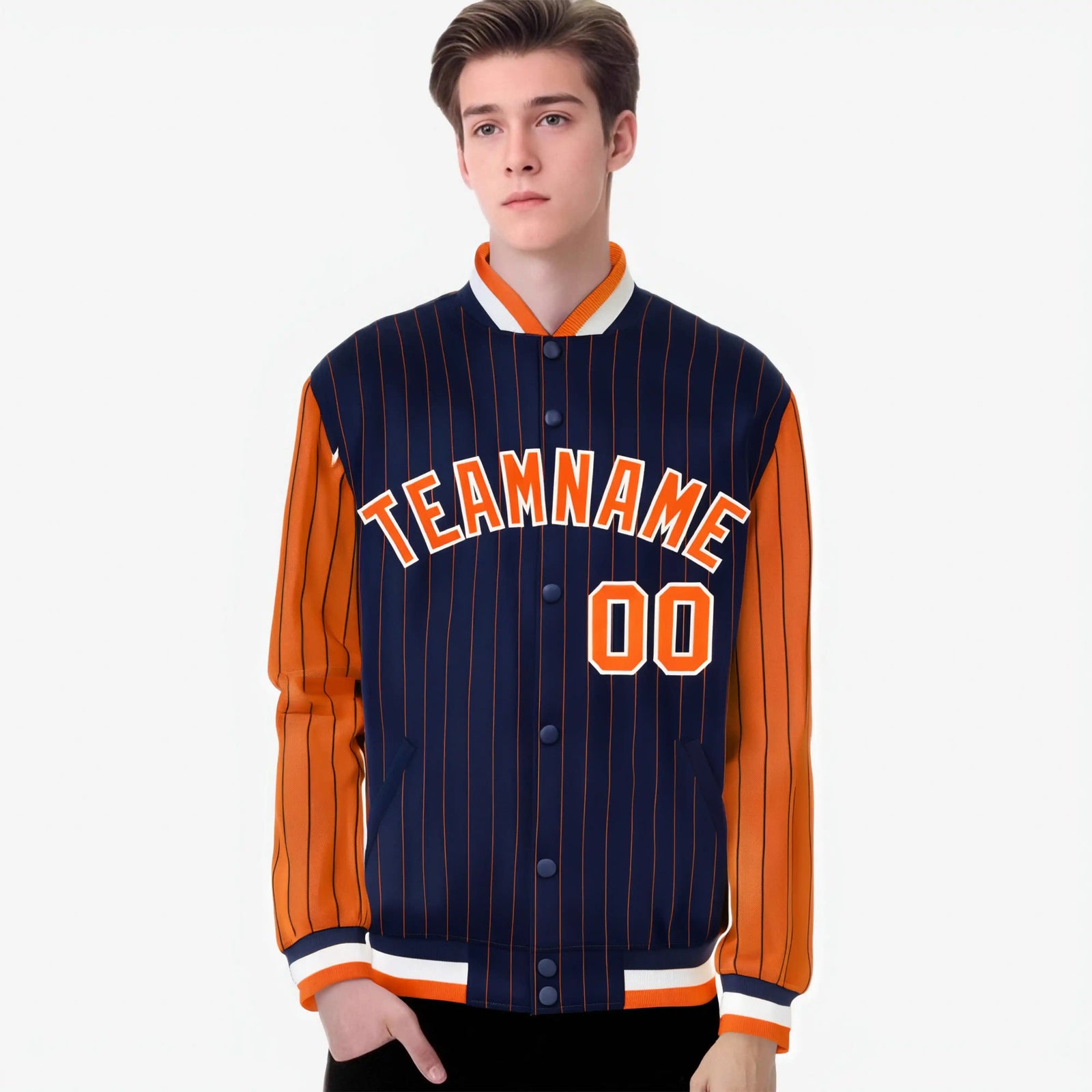 Custom Navy Orange-Navy Personalized Stripe Fashion Letterman Bomber Varsity Jacket