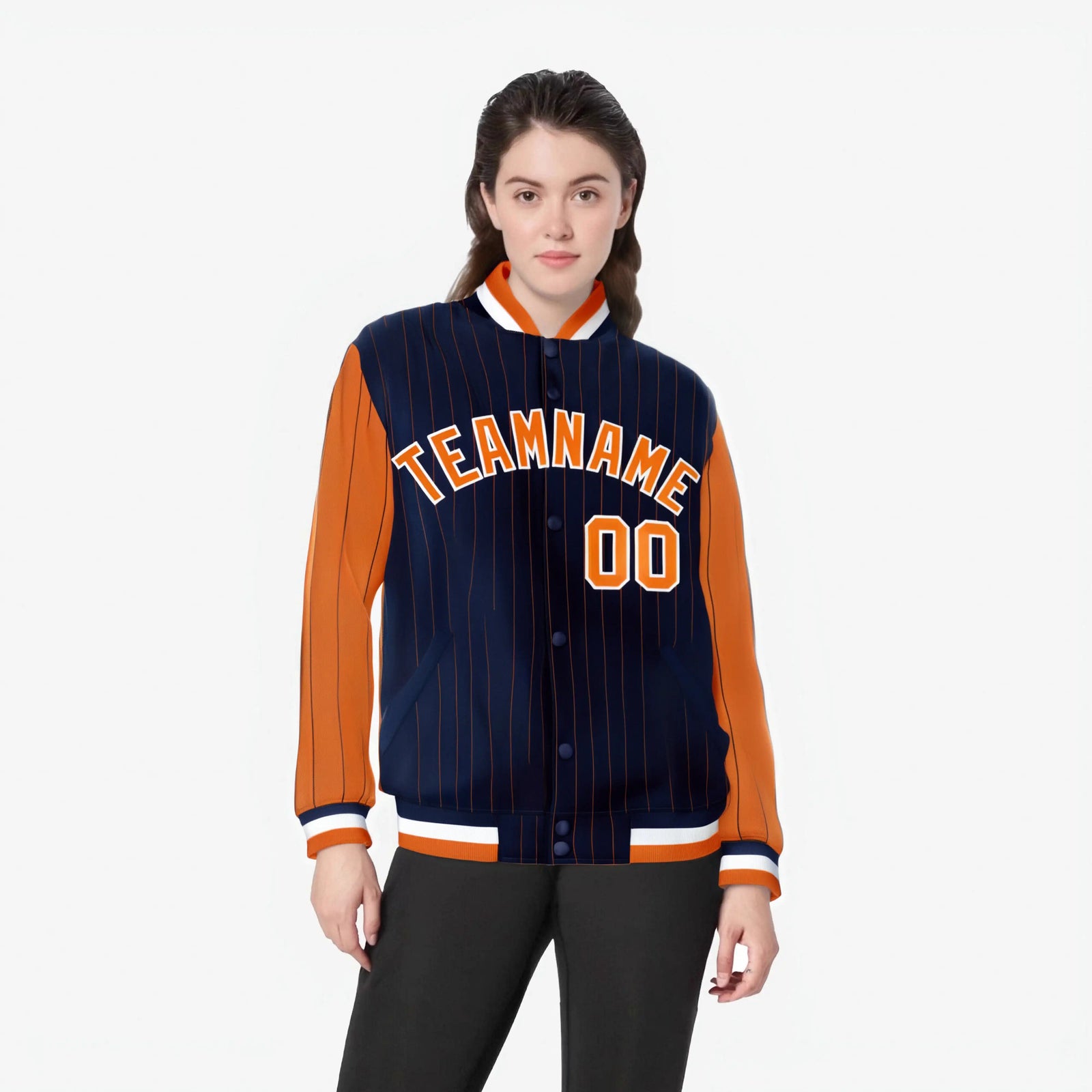 Custom Navy Orange-Navy Personalized Stripe Fashion Letterman Bomber Varsity Jacket
