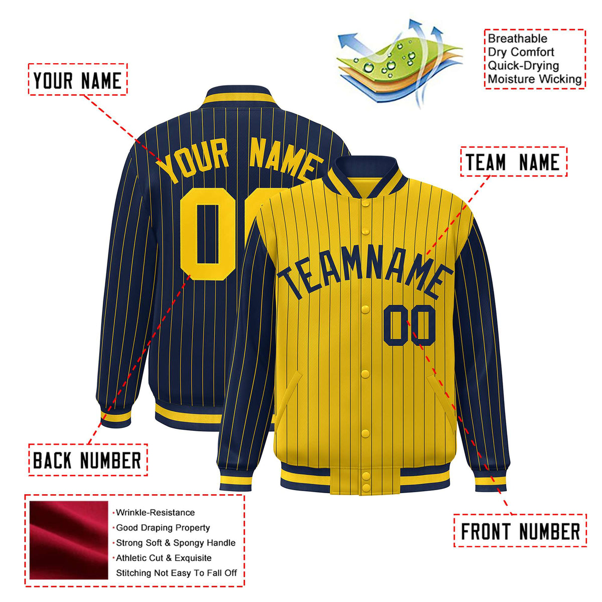 Custom Gold Navy-Gold Personalized Stripe Fashion Letterman Bomber Varsity Jacket