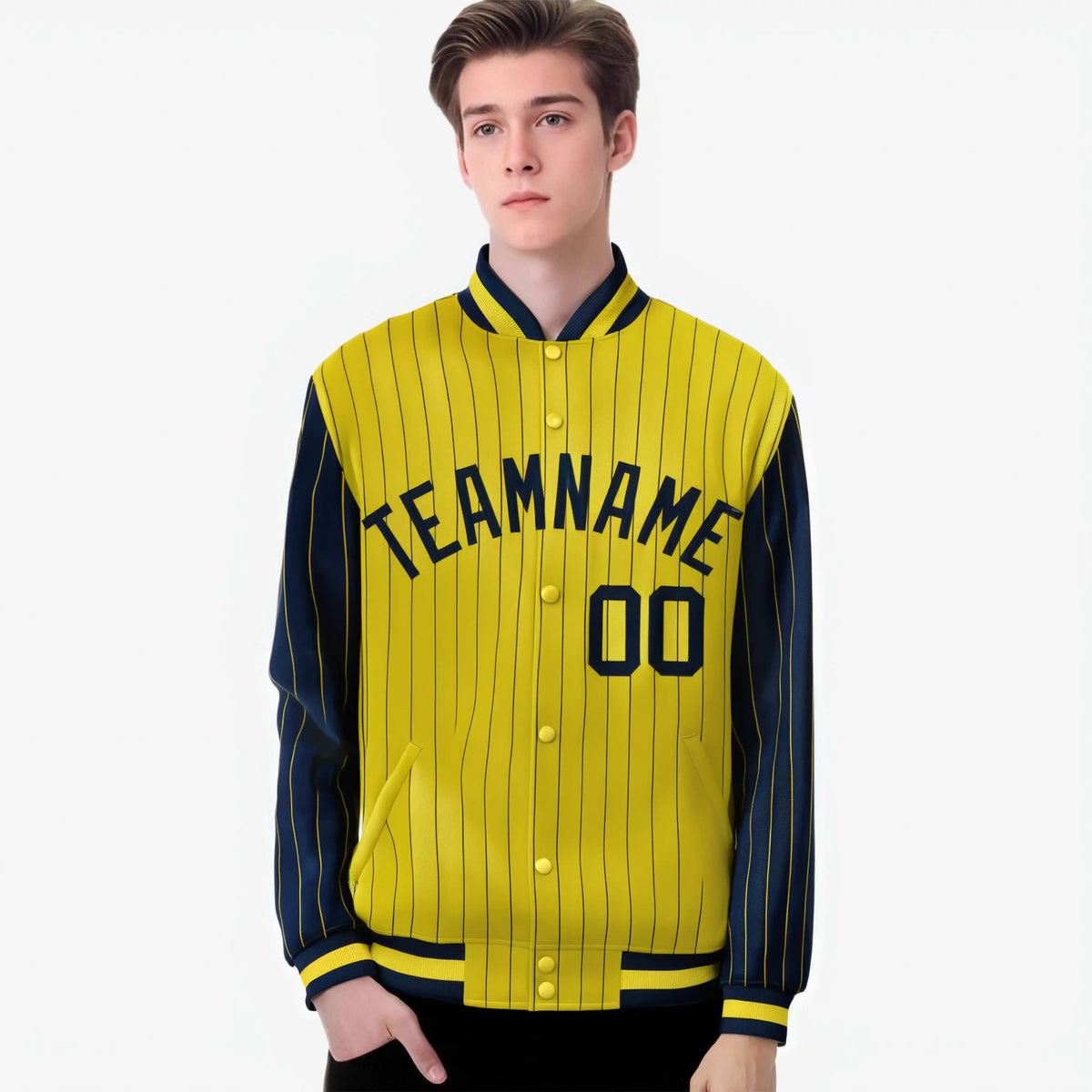 Custom Gold Navy-Gold Personalized Stripe Fashion Letterman Bomber Varsity Jacket
