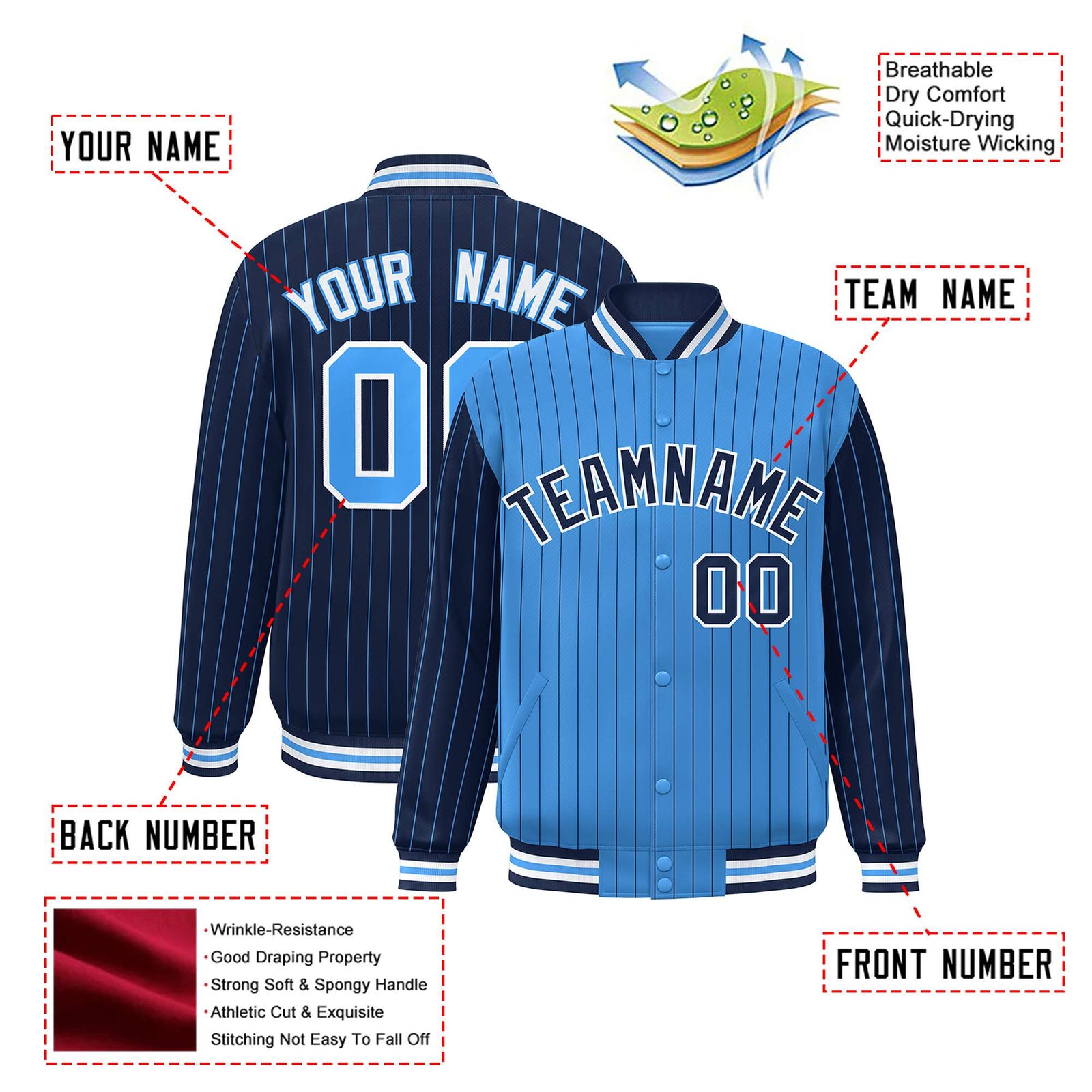 Custom Powder Blue Navy-Powder Blue Personalized Stripe Fashion Letterman Bomber Varsity Jacket