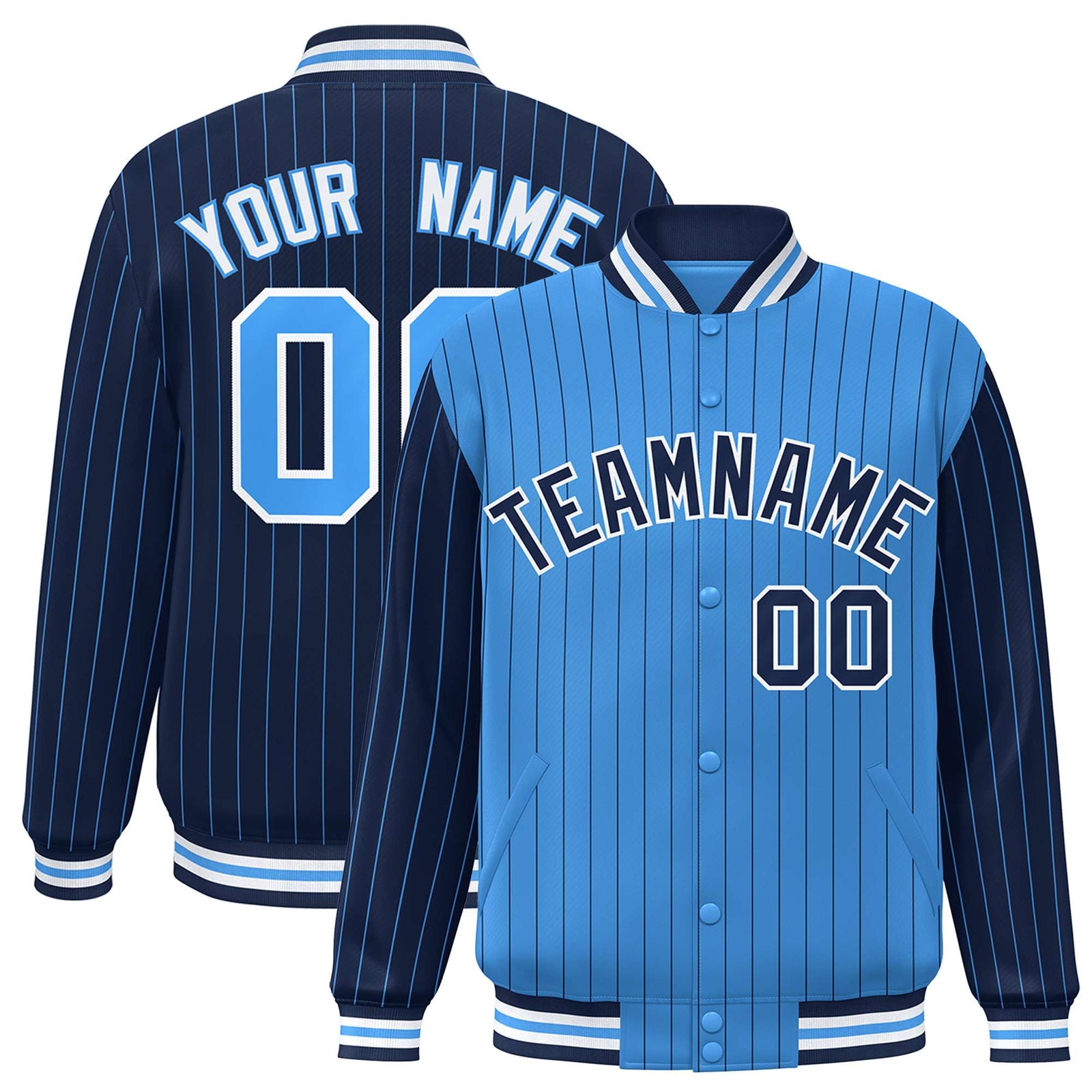 Custom Powder Blue Navy-Powder Blue Personalized Stripe Fashion Letterman Bomber Varsity Jacket