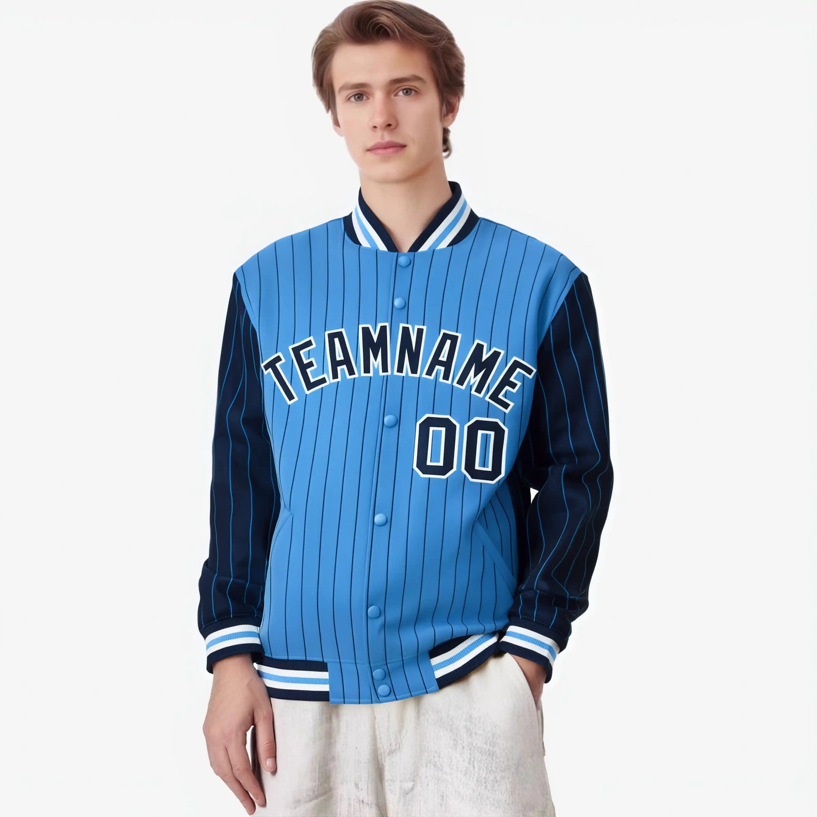 Custom Powder Blue Navy-Powder Blue Personalized Stripe Fashion Letterman Bomber Varsity Jacket