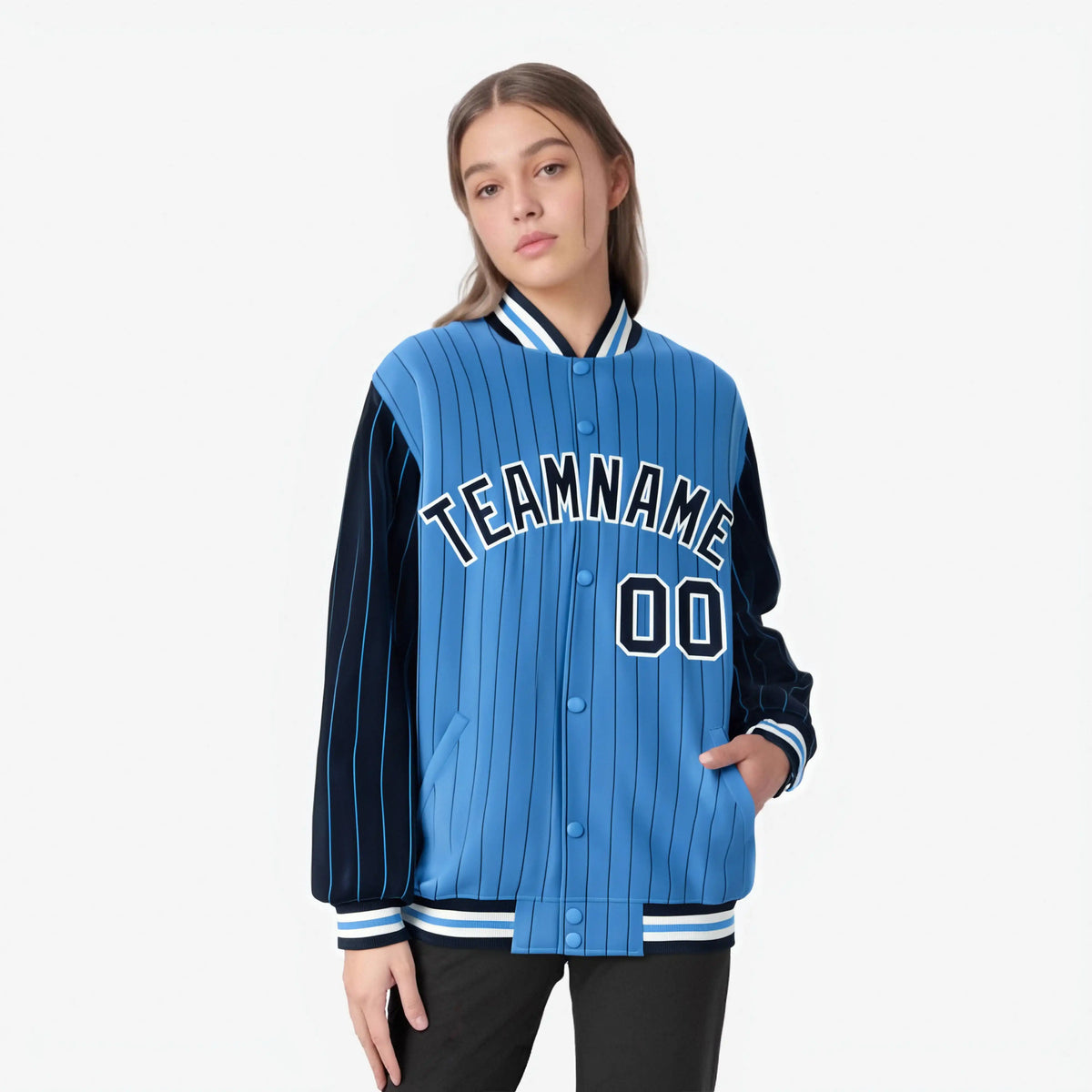 Custom Powder Blue Navy-Powder Blue Personalized Stripe Fashion Letterman Bomber Varsity Jacket