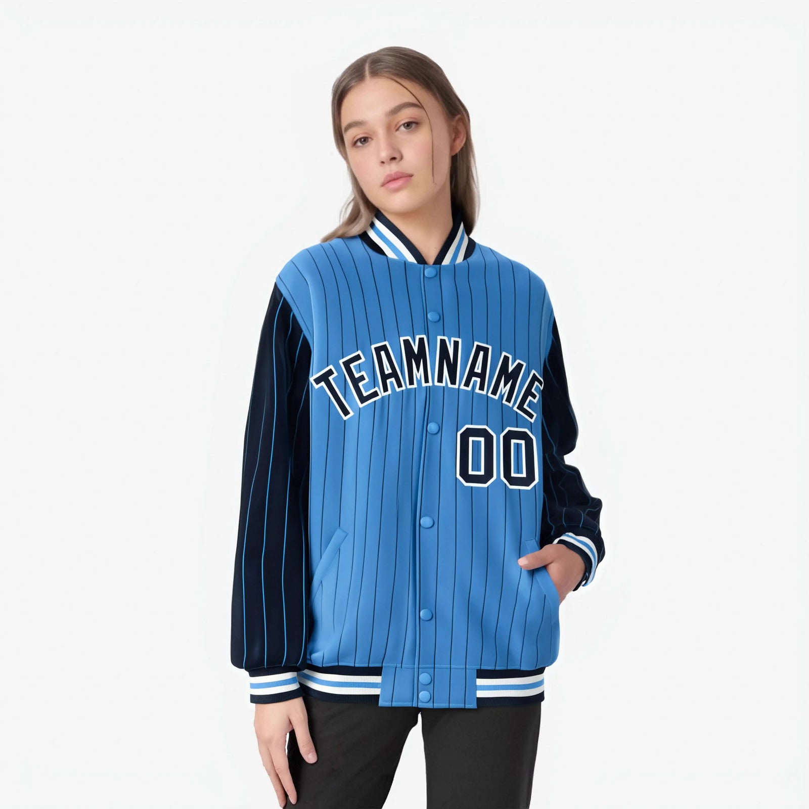 Custom Powder Blue Navy-Powder Blue Personalized Stripe Fashion Letterman Bomber Varsity Jacket