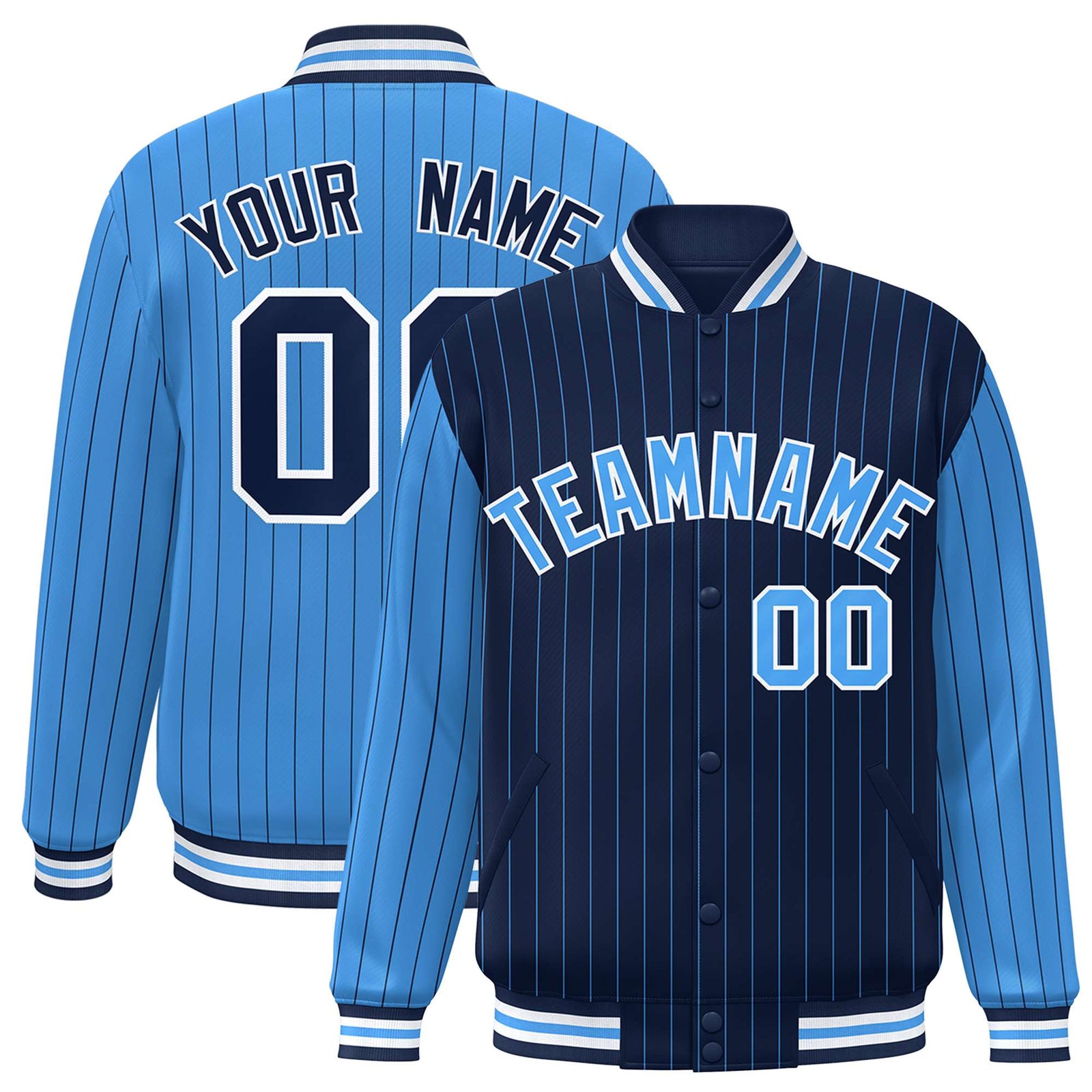Custom Navy Powder Blue-Navy Personalized Stripe Fashion Letterman Bomber Varsity Jacket