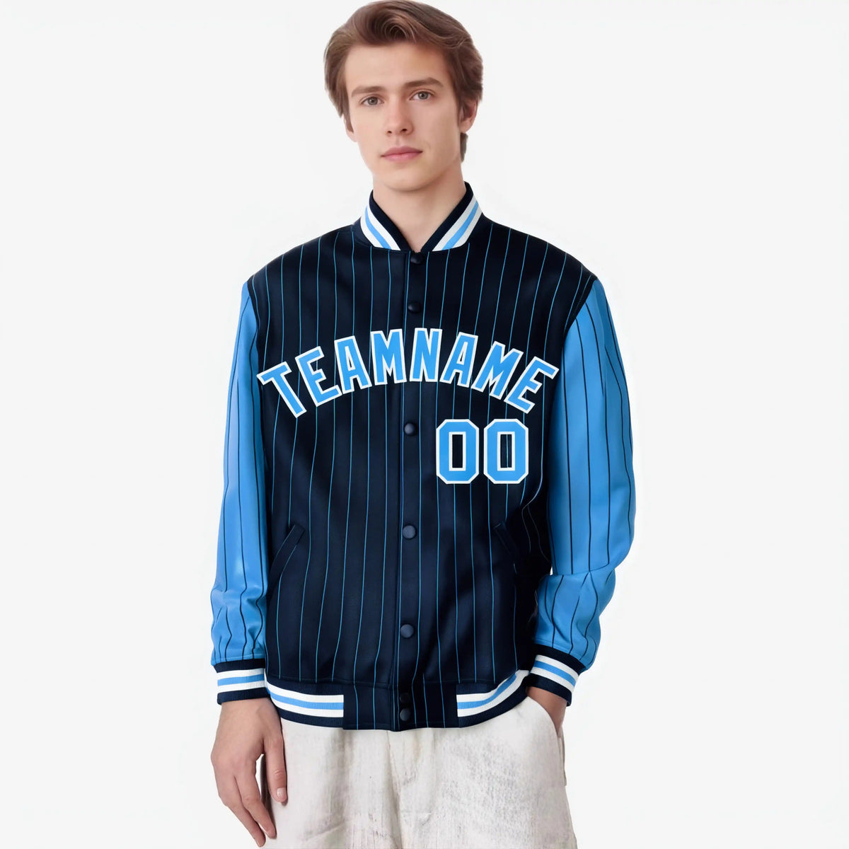 Custom Navy Powder Blue-Navy Personalized Stripe Fashion Letterman Bomber Varsity Jacket