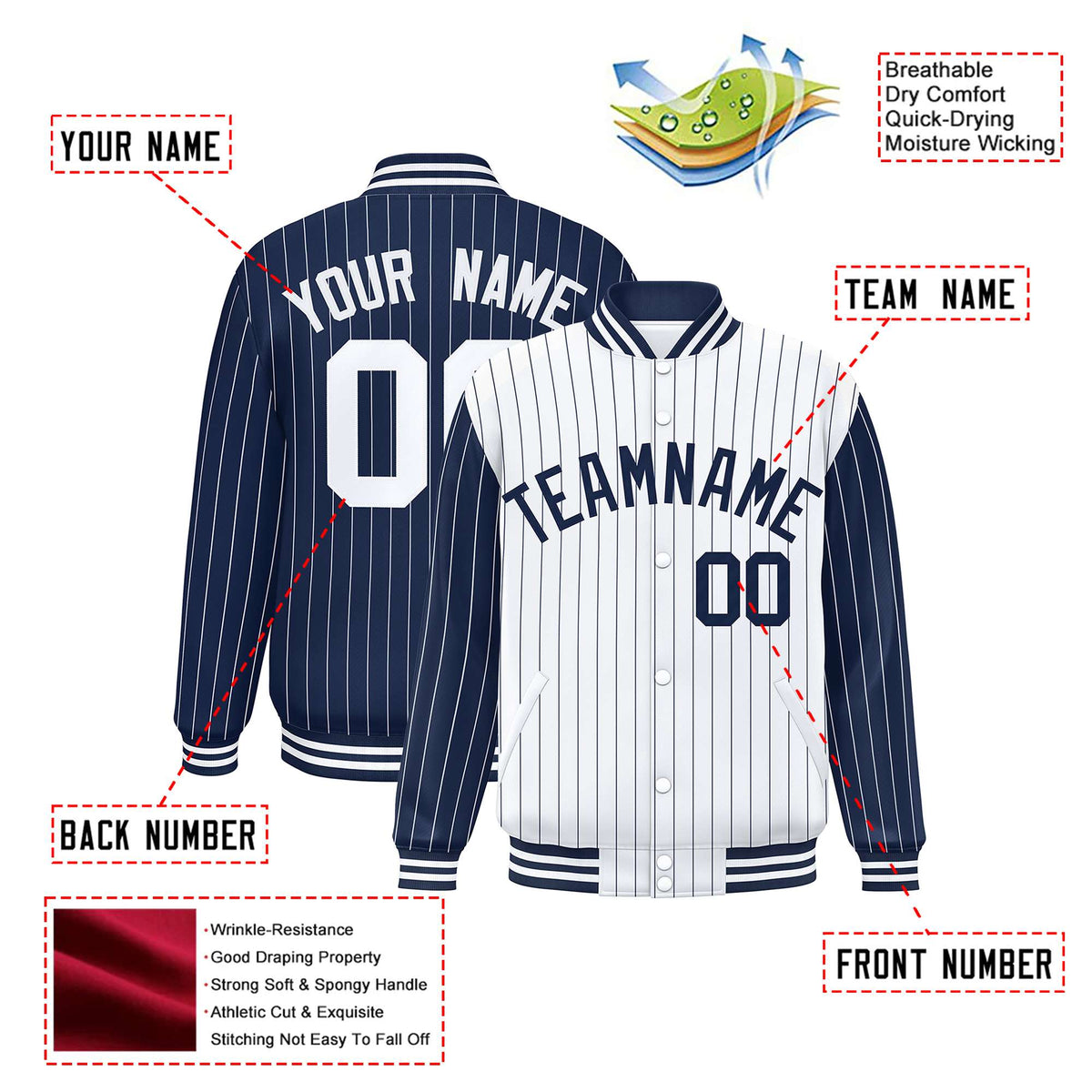 Custom White Navy-White Personalized Stripe Fashion Letterman Bomber Varsity Jacket
