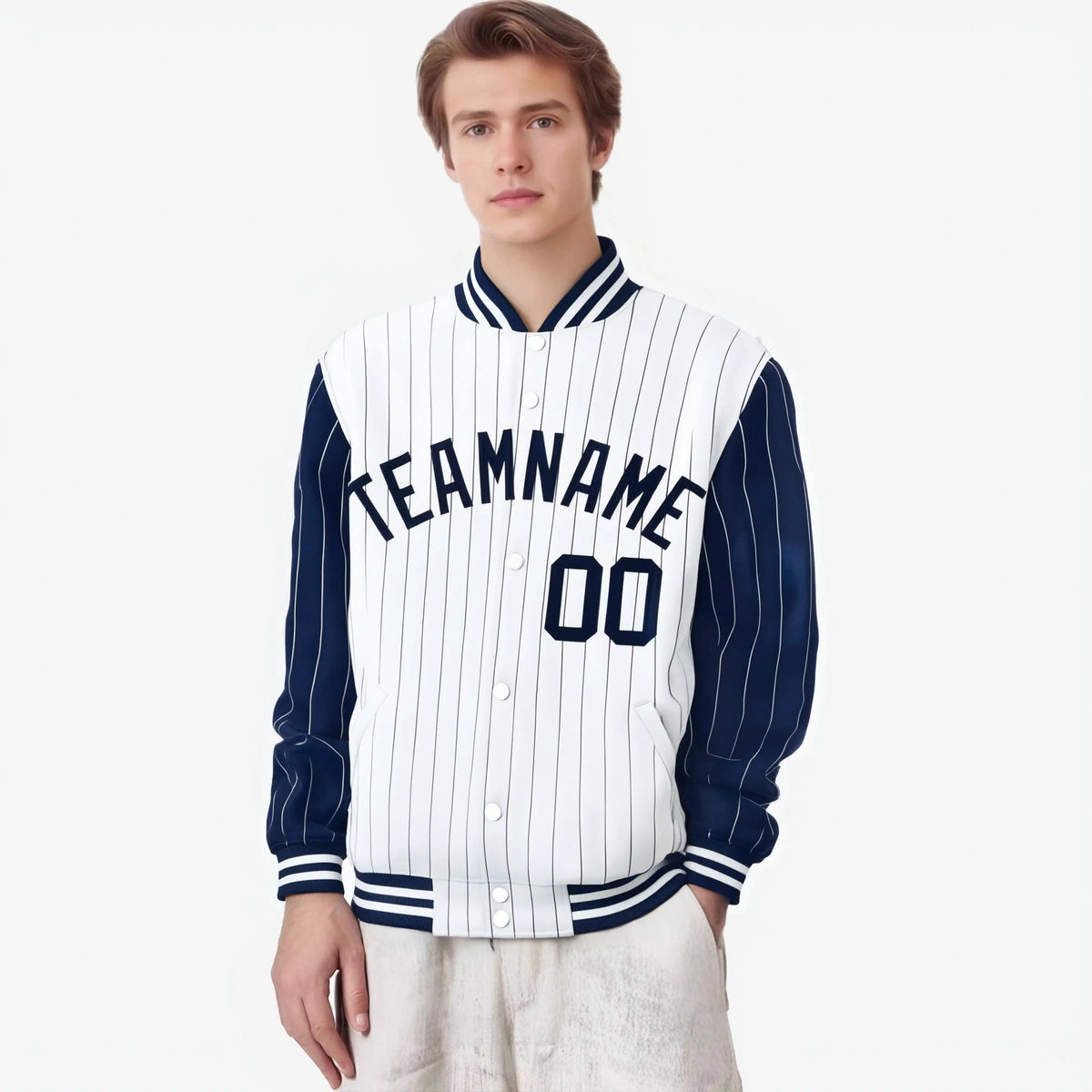 Custom White Navy-White Personalized Stripe Fashion Letterman Bomber Varsity Jacket