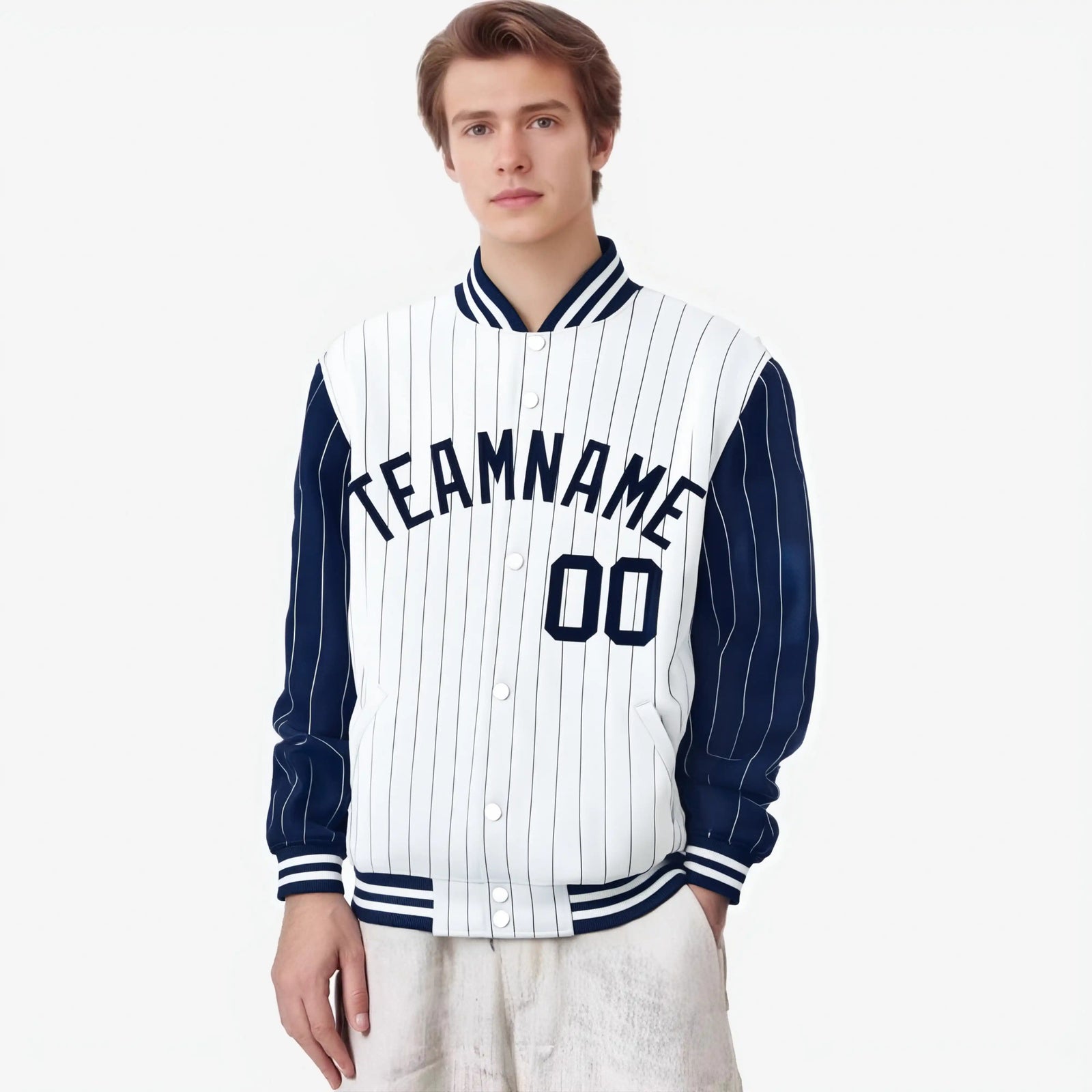 Custom White Navy-White Personalized Stripe Fashion Letterman Bomber Varsity Jacket