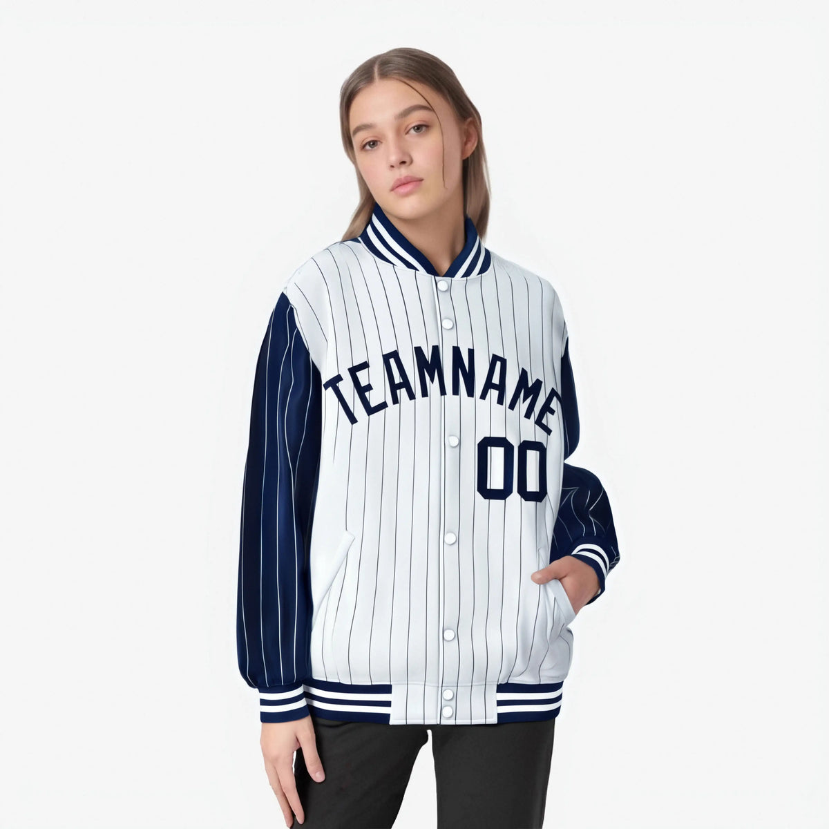Custom White Navy-White Personalized Stripe Fashion Letterman Bomber Varsity Jacket