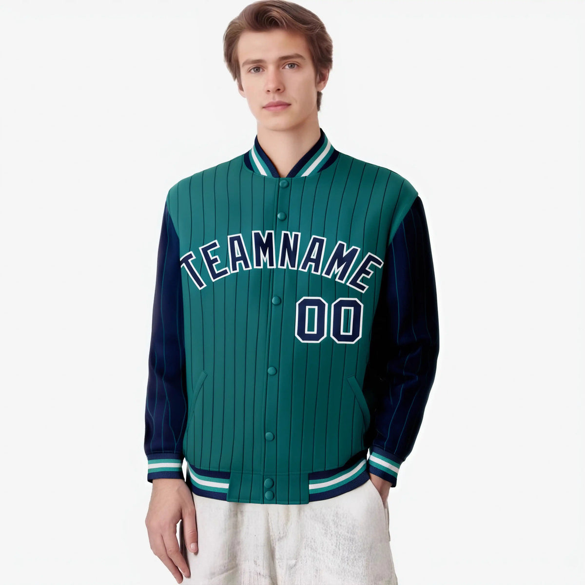 Custom Green Navy-Green Personalized Stripe Fashion Letterman Bomber Varsity Jacket