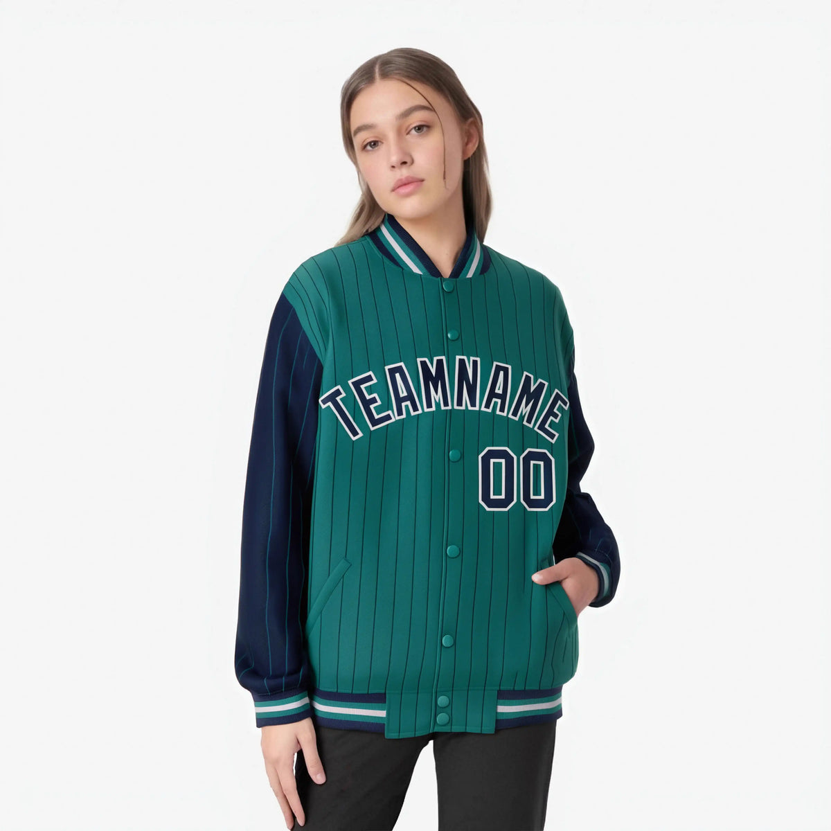 Custom Green Navy-Green Personalized Stripe Fashion Letterman Bomber Varsity Jacket