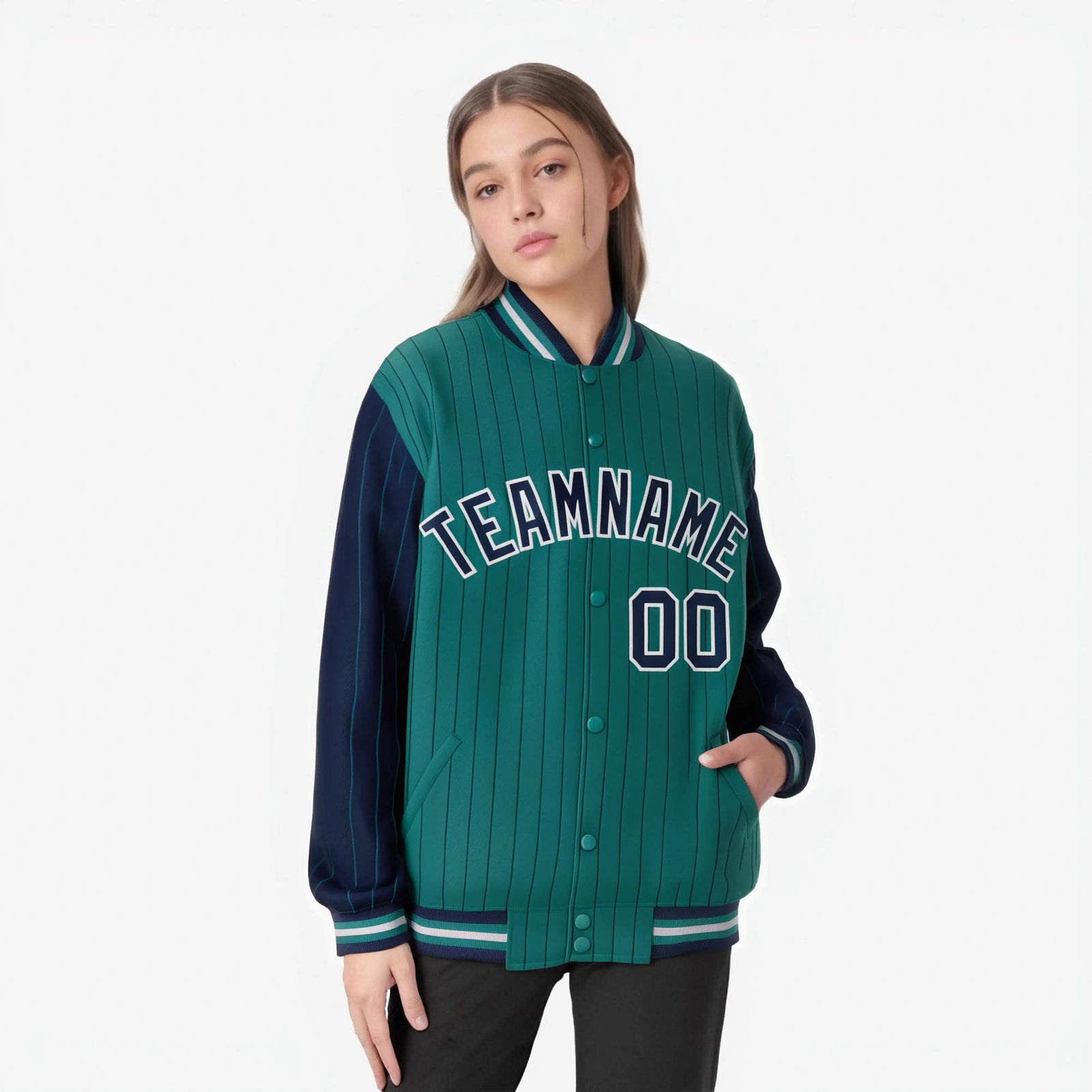 Custom Green Navy-Green Personalized Stripe Fashion Letterman Bomber Varsity Jacket