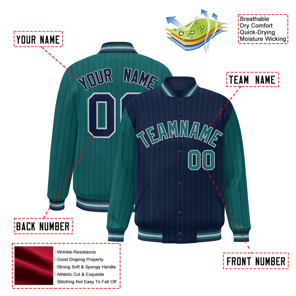 Custom Navy Green-Navy Personalized Stripe Fashion Letterman Bomber Varsity Jacket