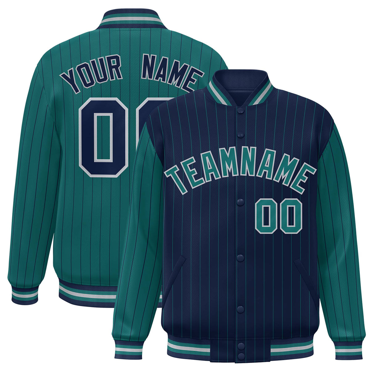 Custom Navy Green-Navy Personalized Stripe Fashion Letterman Bomber Varsity Jacket