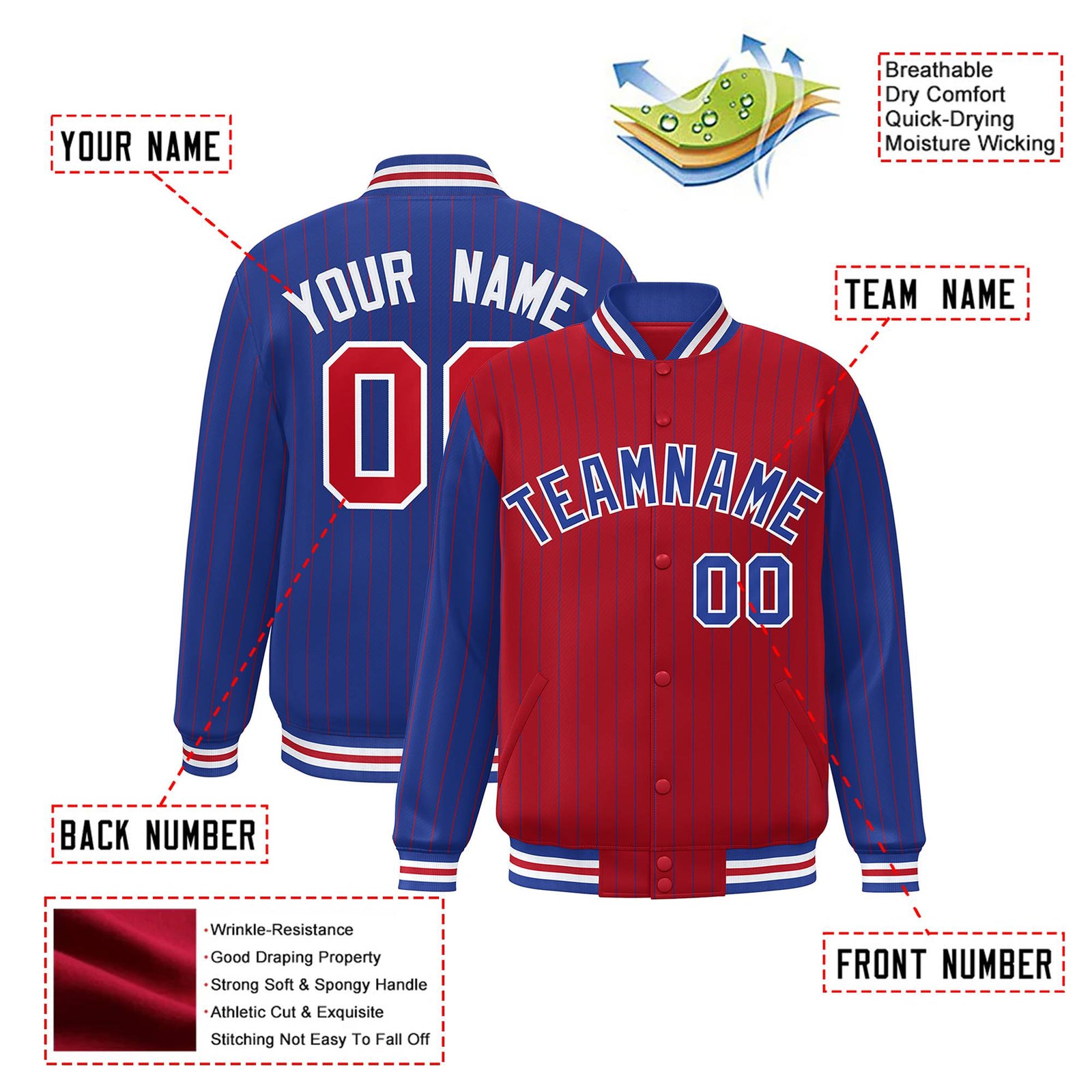 Custom Red Royal Blue-Red Personalized Stripe Fashion Letterman Bomber Varsity Jacket