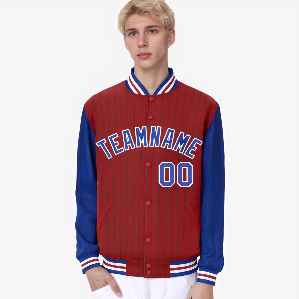 Custom Red Royal Blue-Red Personalized Stripe Fashion Letterman Bomber Varsity Jacket