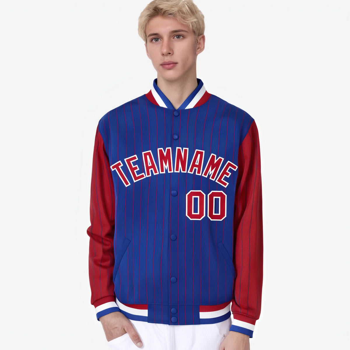 Custom Royal Blue Red-Royal Blue Personalized Stripe Fashion Letterman Bomber Varsity Jacket