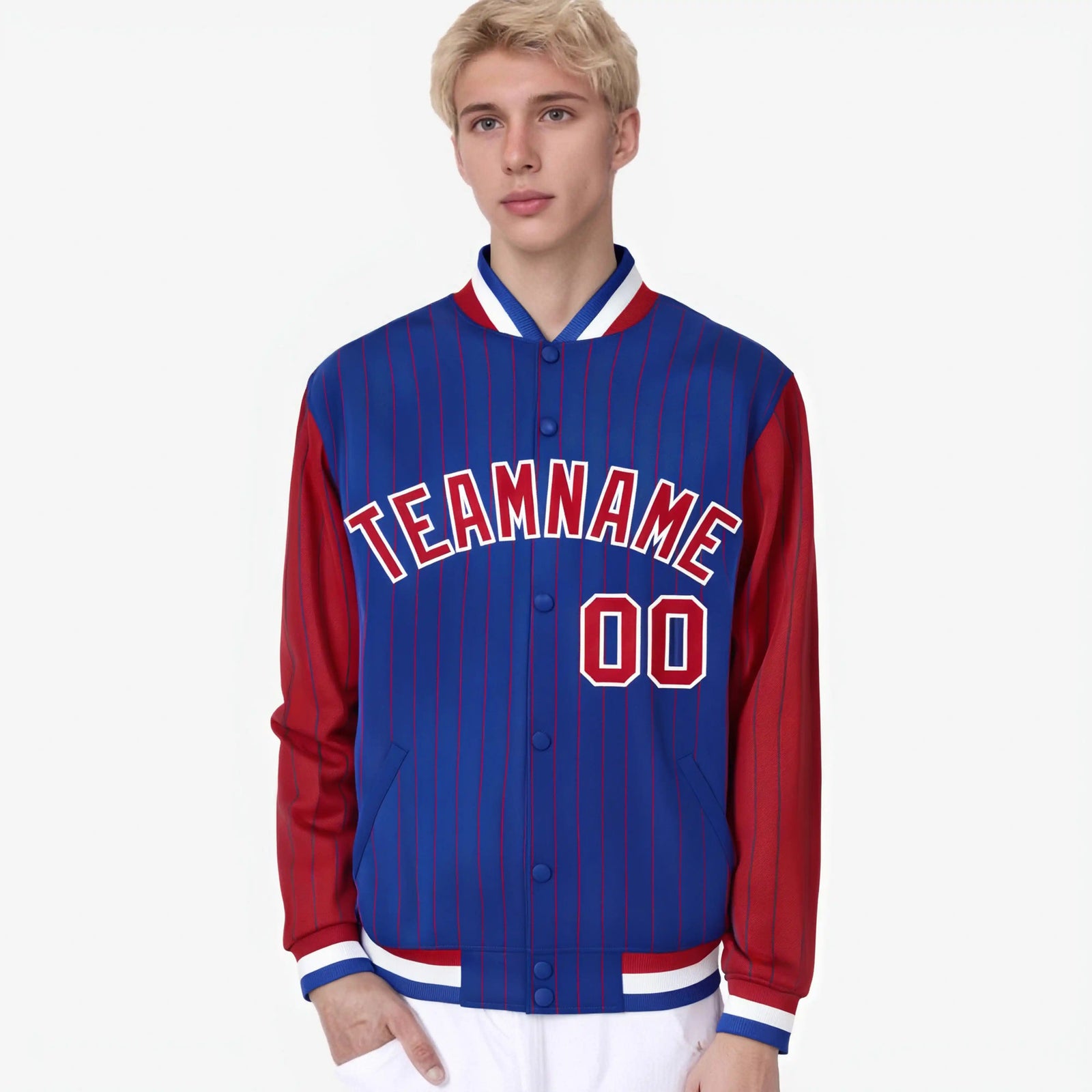 Custom Royal Blue Red-Royal Blue Personalized Stripe Fashion Letterman Bomber Varsity Jacket