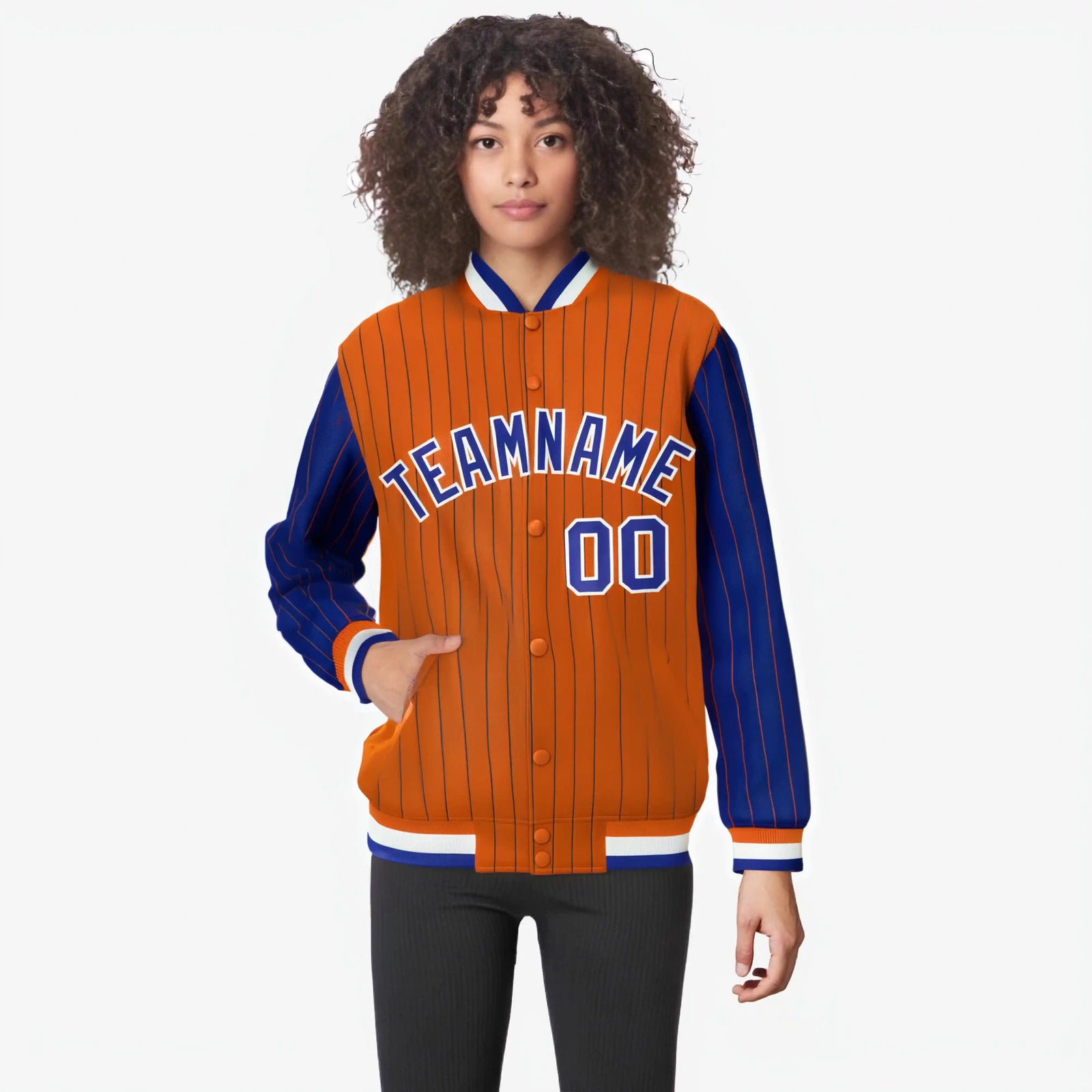 Custom Orange Royal Blue-Orange Personalized Stripe Fashion Letterman Bomber Varsity Jacket