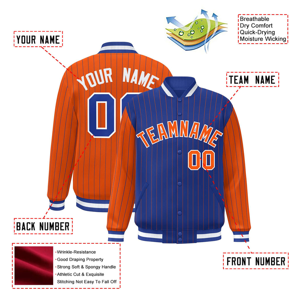 Custom Royal Blue Orange-Royal Blue Personalized Stripe Fashion Letterman Bomber Varsity Jacket