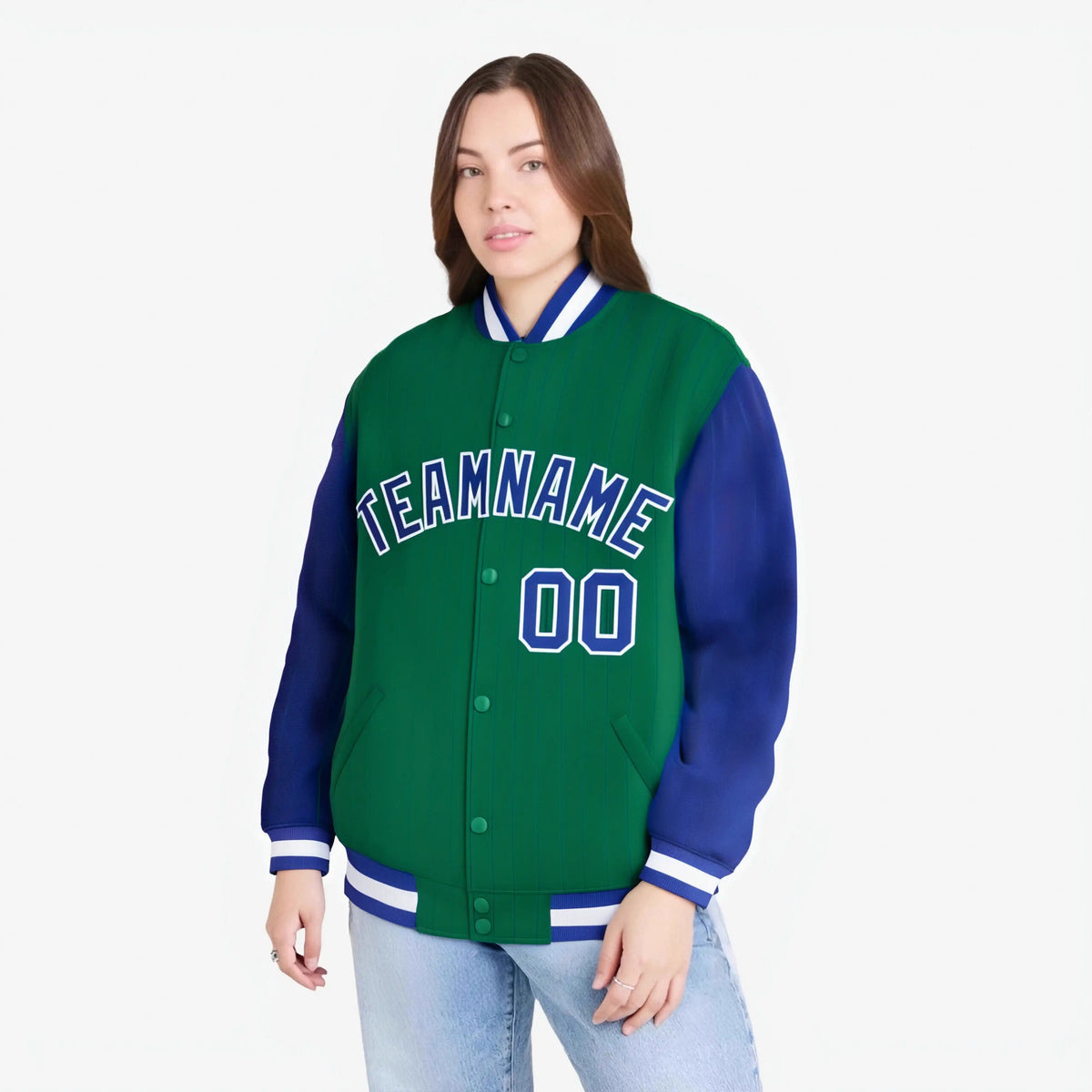 Custom Kelly Green Royal Blue-Kelly Green Personalized Stripe Fashion Letterman Bomber Varsity Jacket