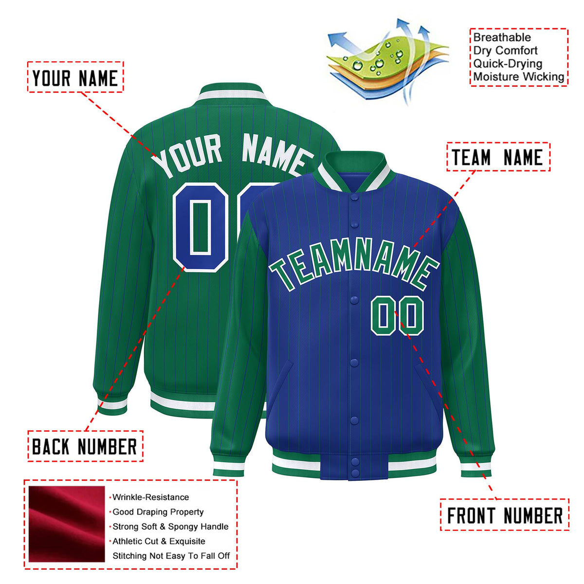 Custom Royal Blue Kelly Green-Royal Blue Personalized Stripe Fashion Letterman Bomber Varsity Jacket