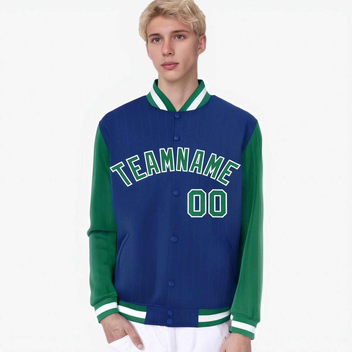 Custom Royal Blue Kelly Green-Royal Blue Personalized Stripe Fashion Letterman Bomber Varsity Jacket
