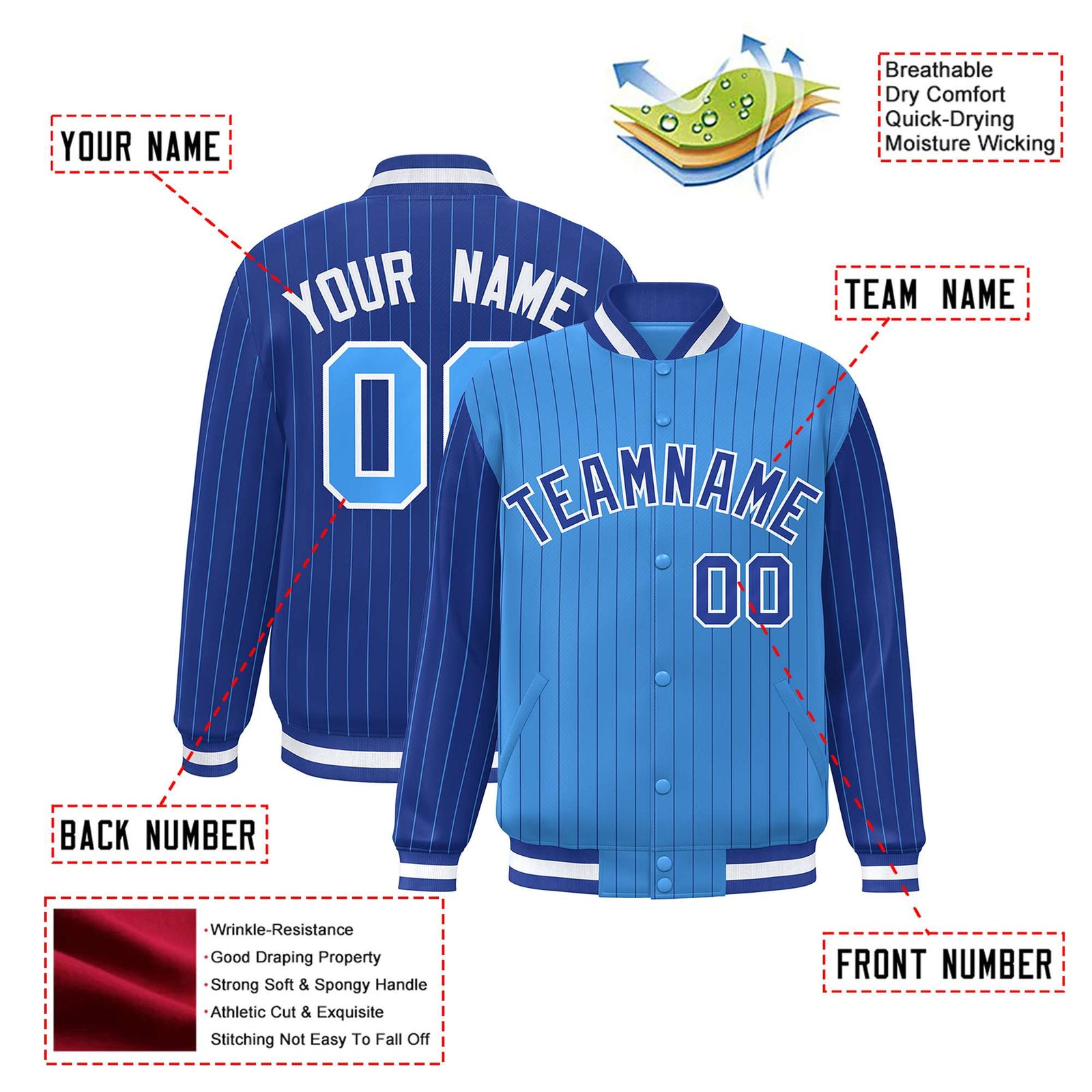Custom Powder Blue Royal Blue-Powder Blue Personalized Stripe Fashion Letterman Bomber Varsity Jacket