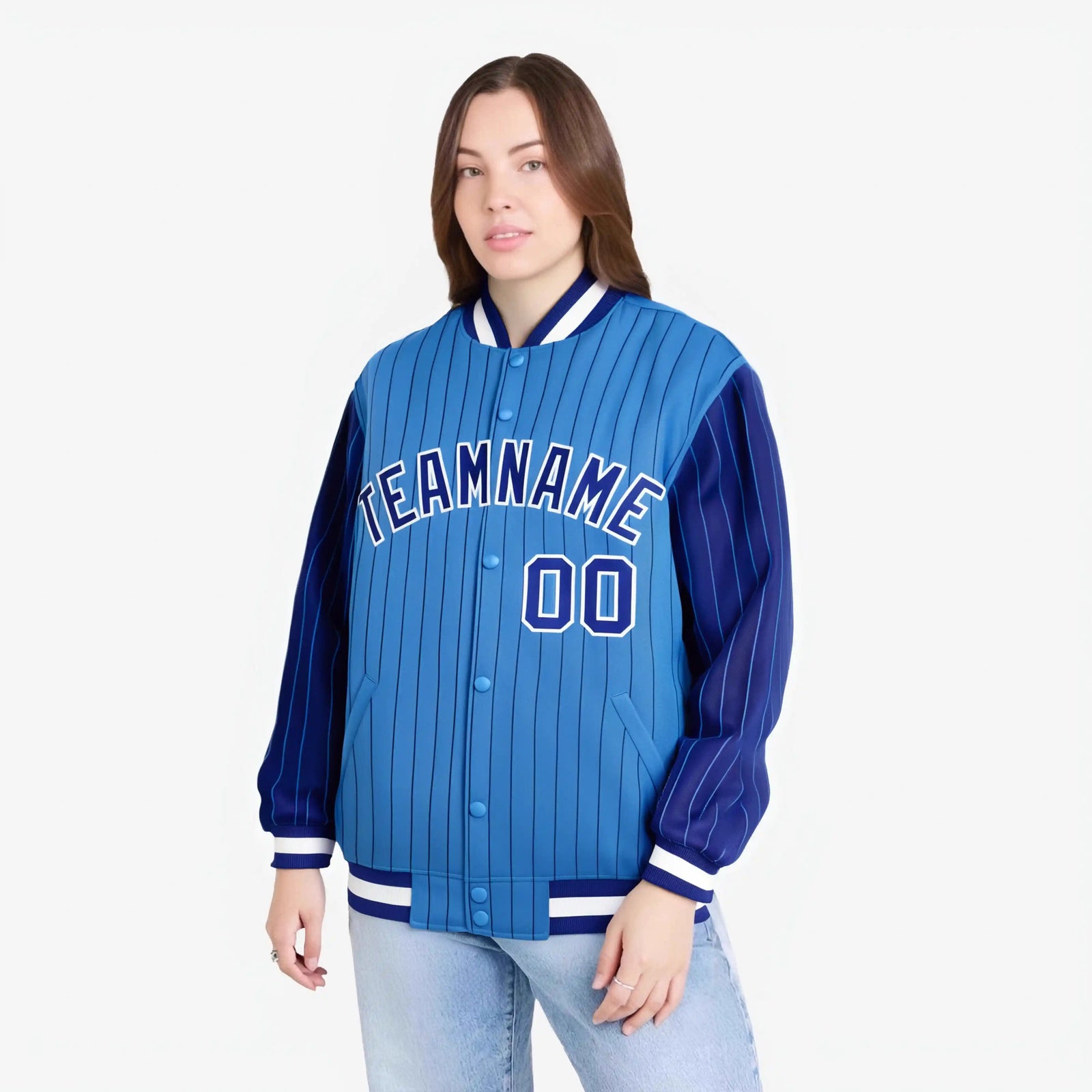 Custom Powder Blue Royal Blue-Powder Blue Personalized Stripe Fashion Letterman Bomber Varsity Jacket