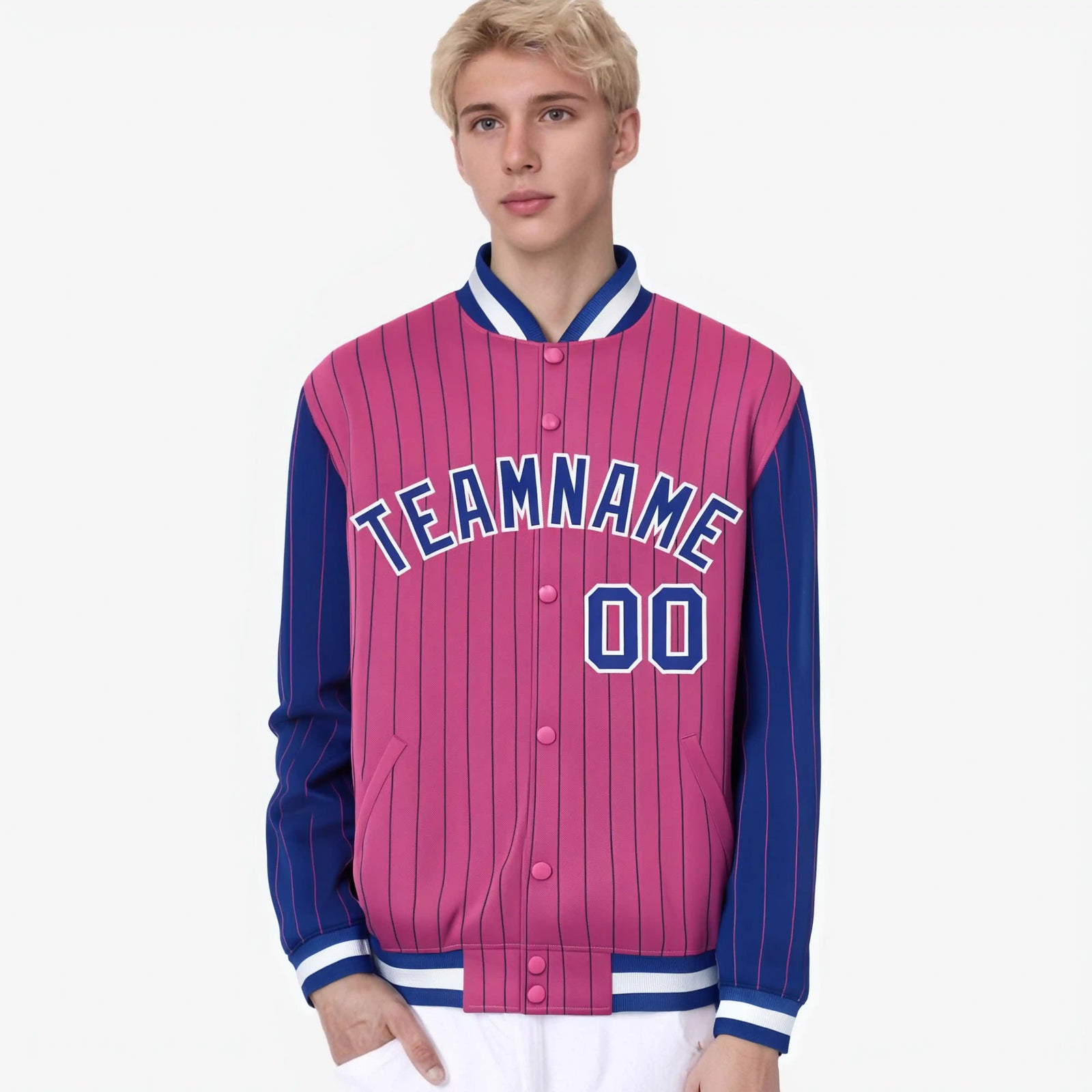 Custom Pink Royal Blue-Pink Personalized Stripe Fashion Letterman Bomber Varsity Jacket