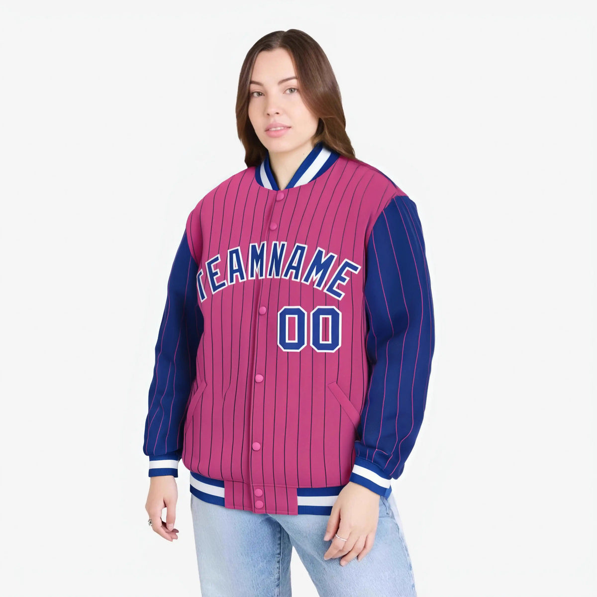 Custom Pink Royal Blue-Pink Personalized Stripe Fashion Letterman Bomber Varsity Jacket