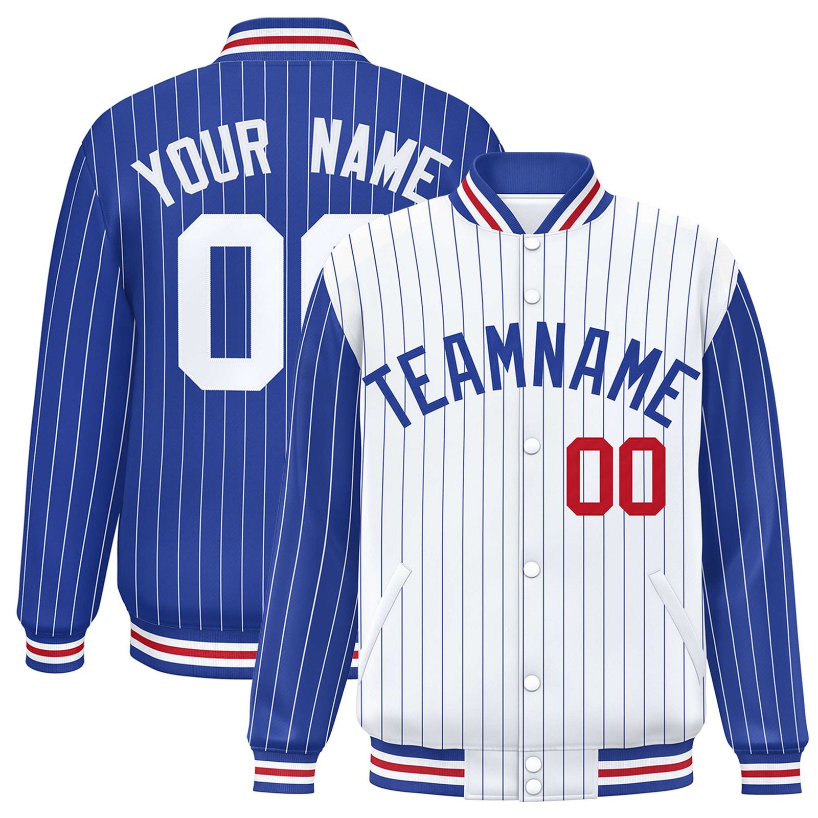 Custom White Royal Blue-White Personalized Stripe Fashion Letterman Bomber Varsity Jacket