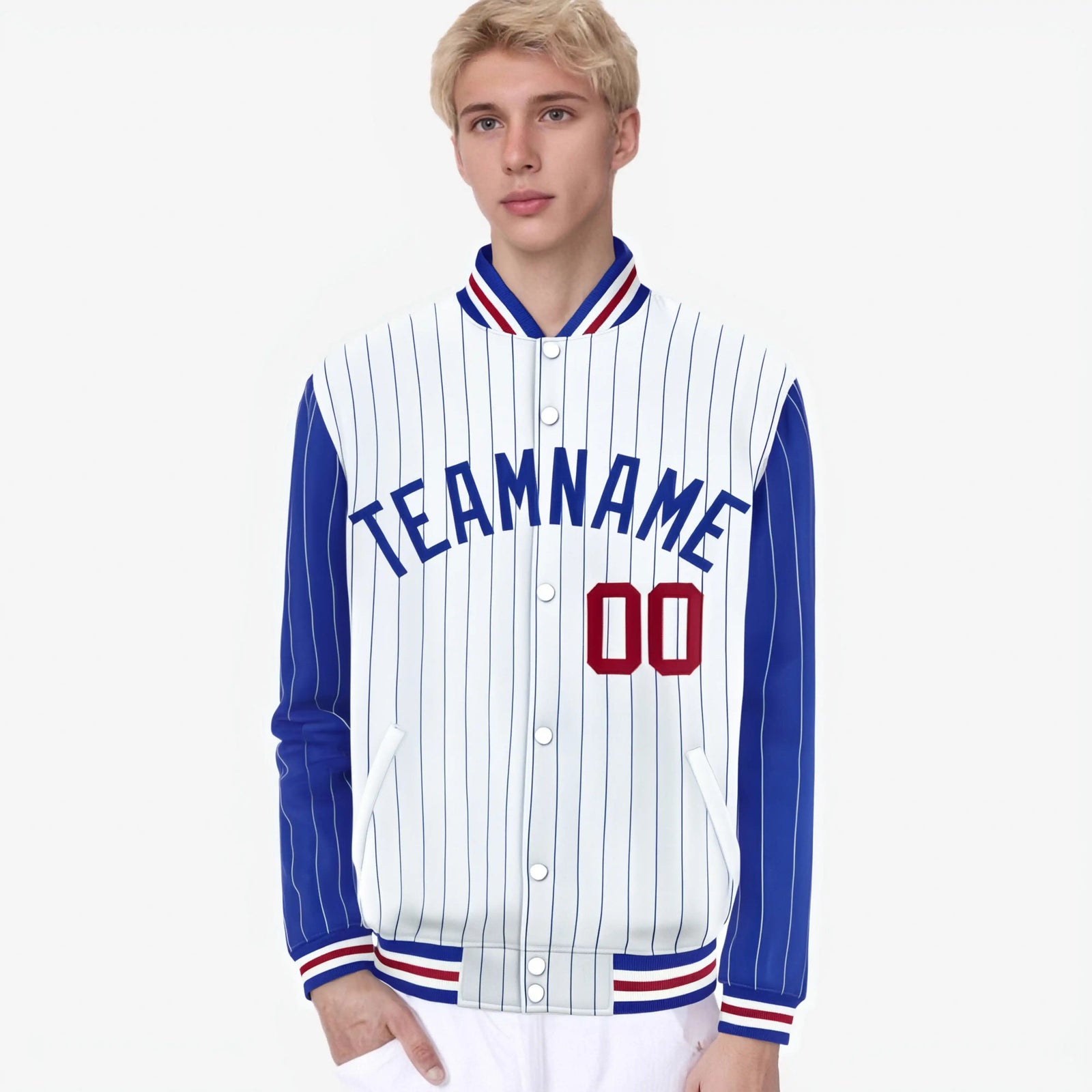 Custom White Royal Blue-White Personalized Stripe Fashion Letterman Bomber Varsity Jacket