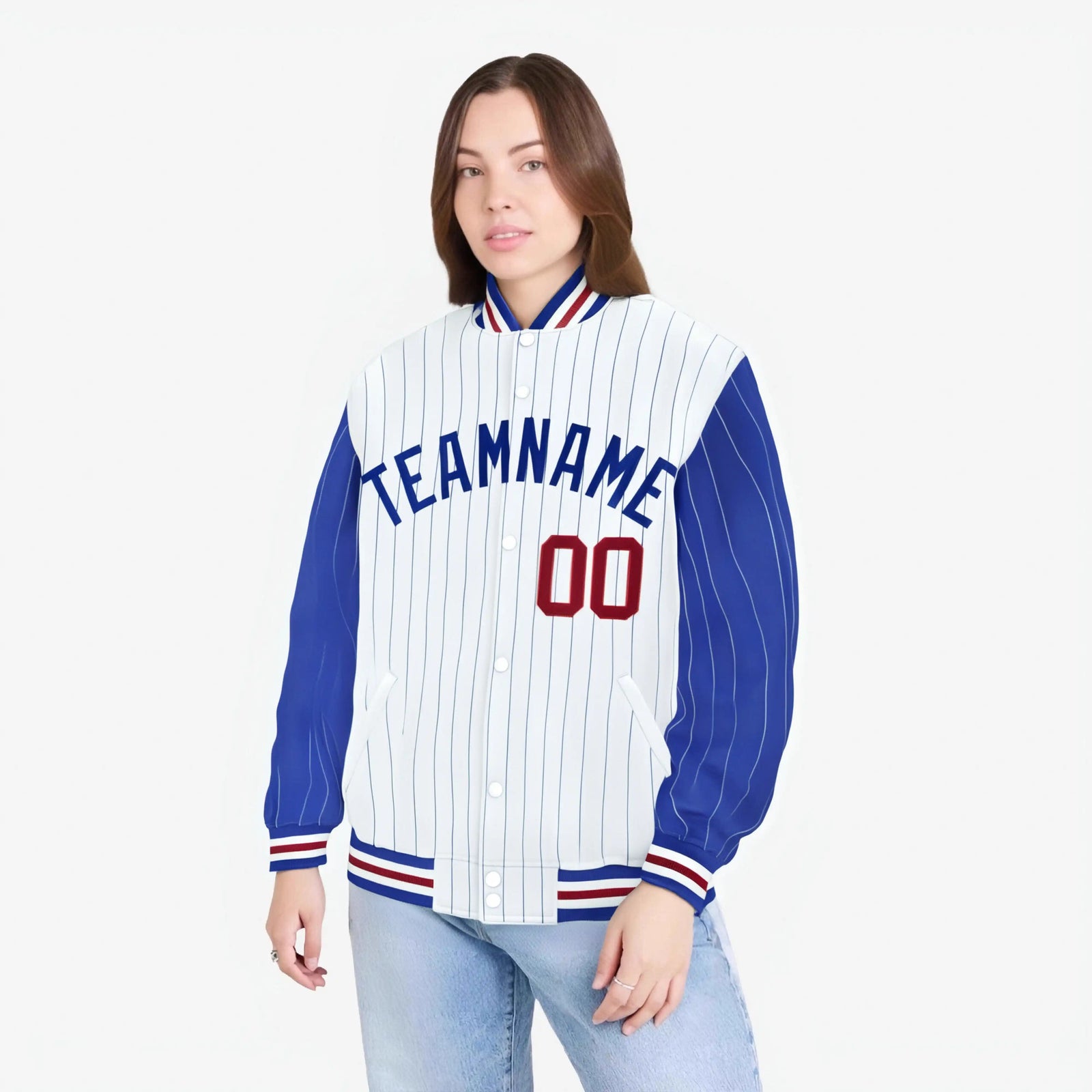 Custom White Royal Blue-White Personalized Stripe Fashion Letterman Bomber Varsity Jacket